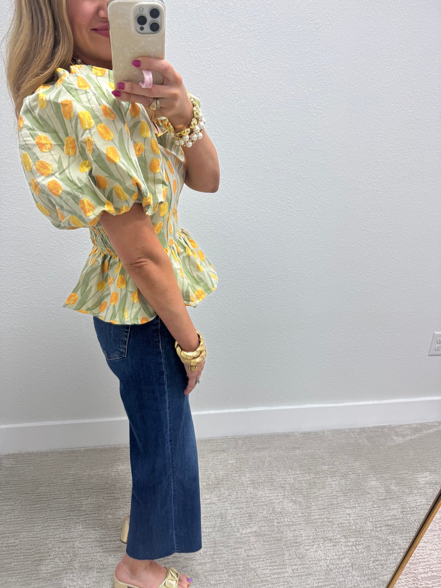 Floral Jacquard Peplum Top with Bubble Sleeve