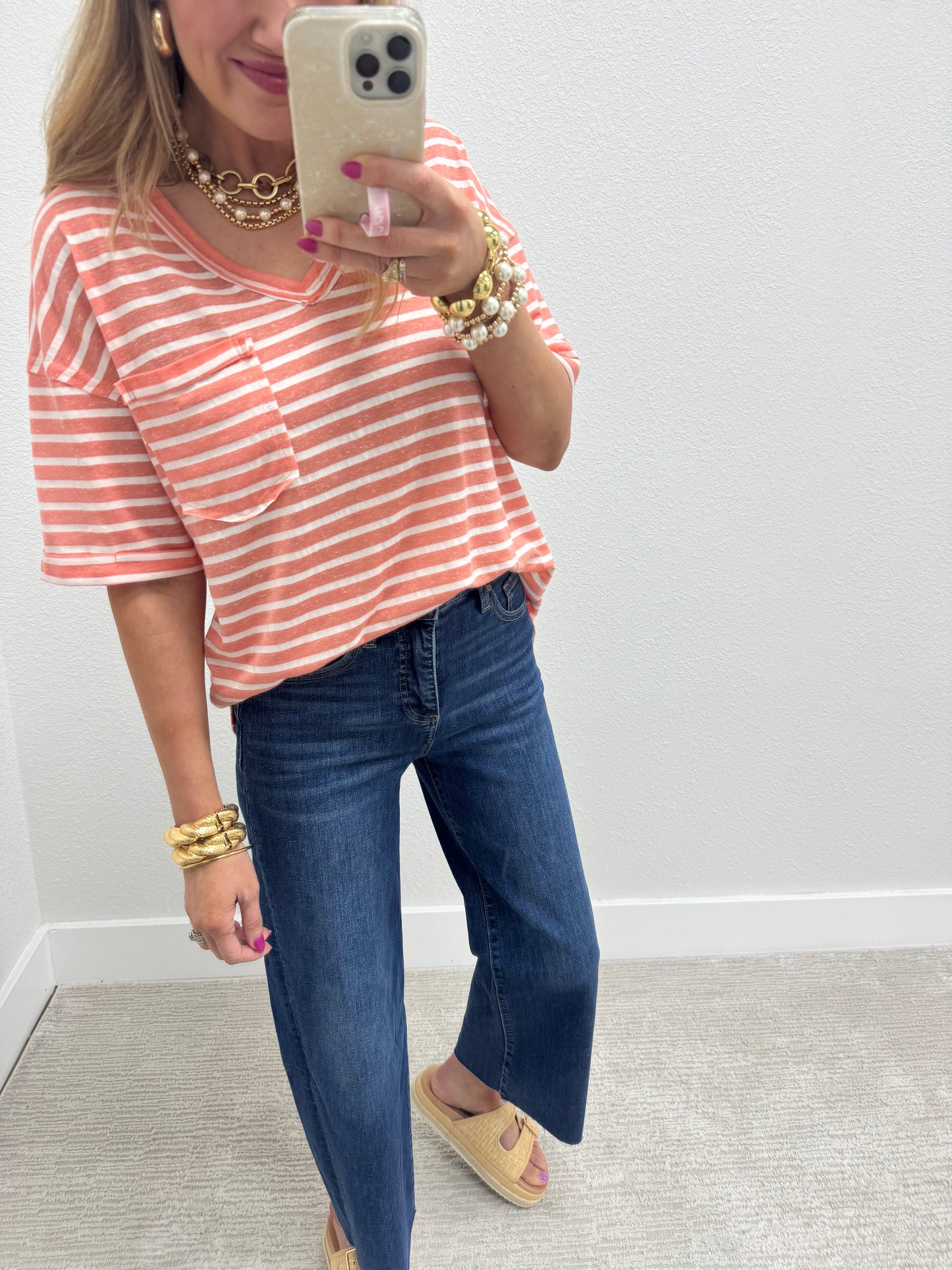 Coral Stripe V-Neck with Pocket & Side Slit Hem FS
