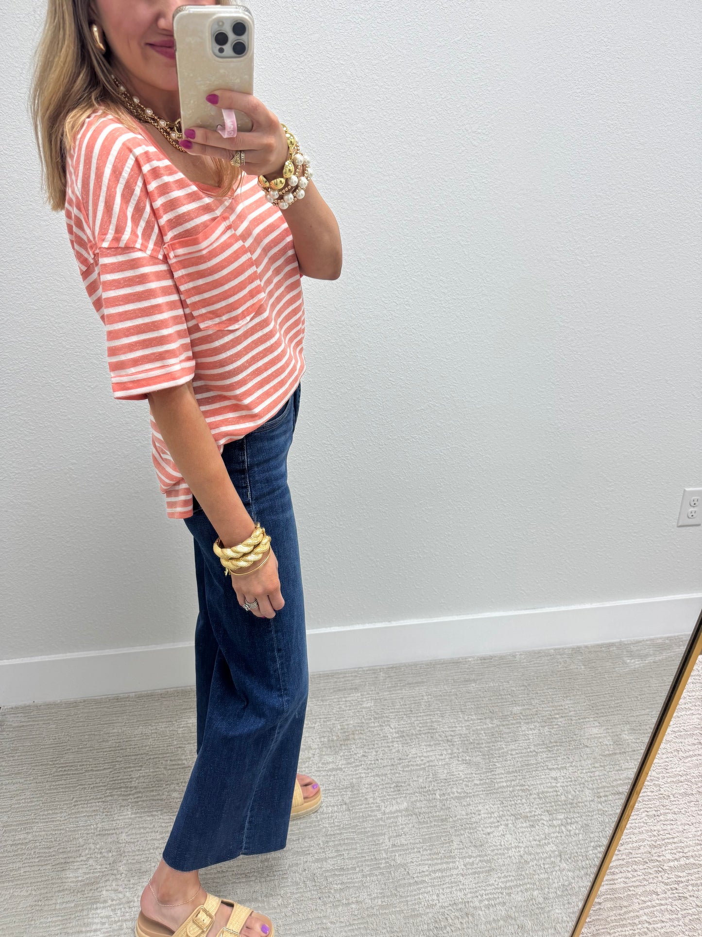 Coral Stripe V-Neck with Pocket & Side Slit Hem FS