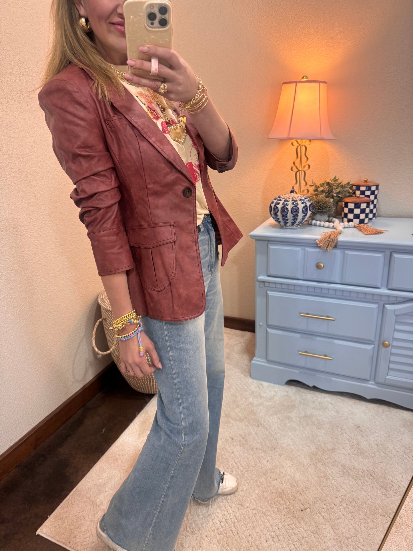 Burgundy Pocket Detail Scrunched Sleeve Faux Leather Blazer