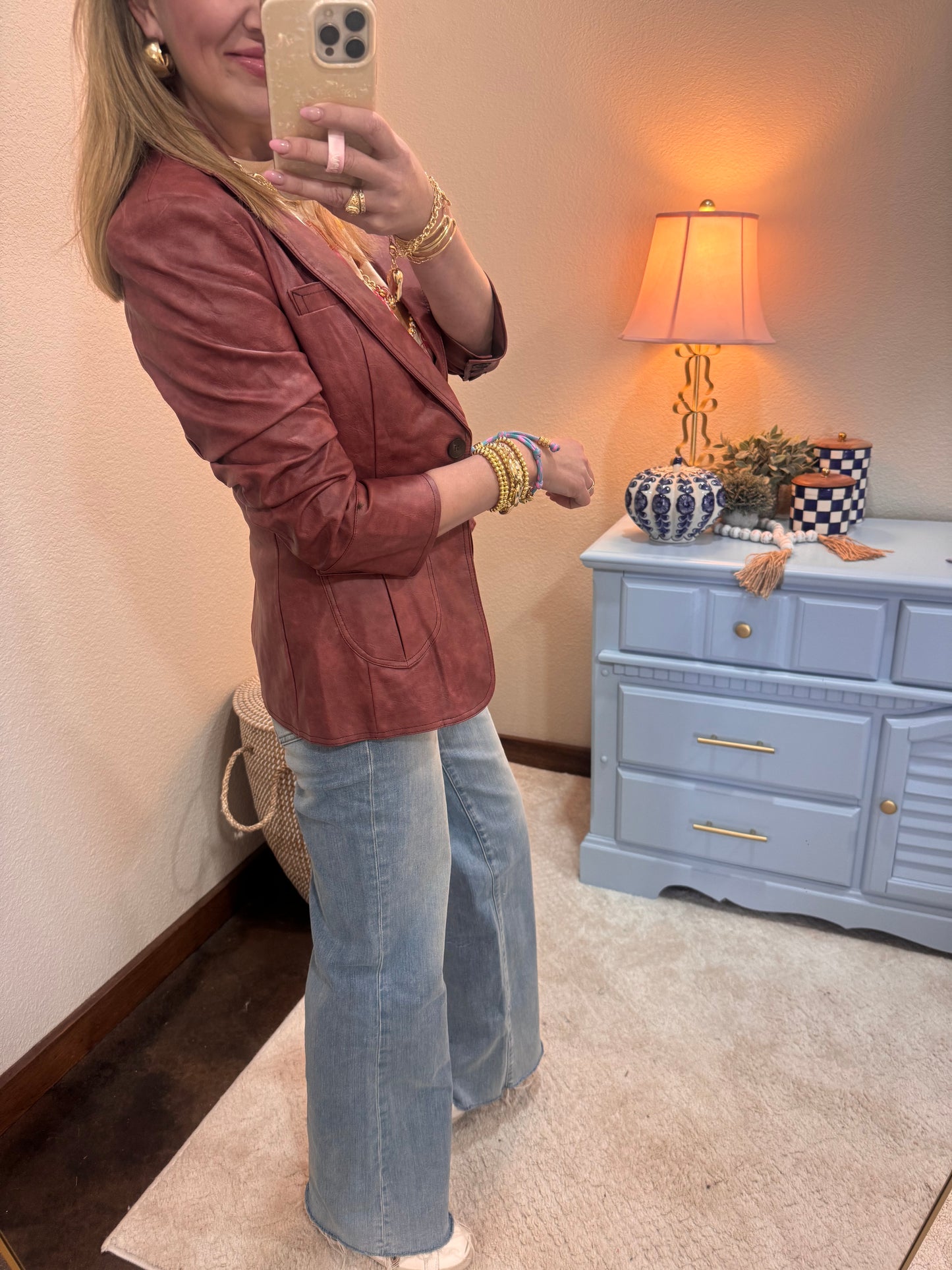 Burgundy Pocket Detail Scrunched Sleeve Faux Leather Blazer