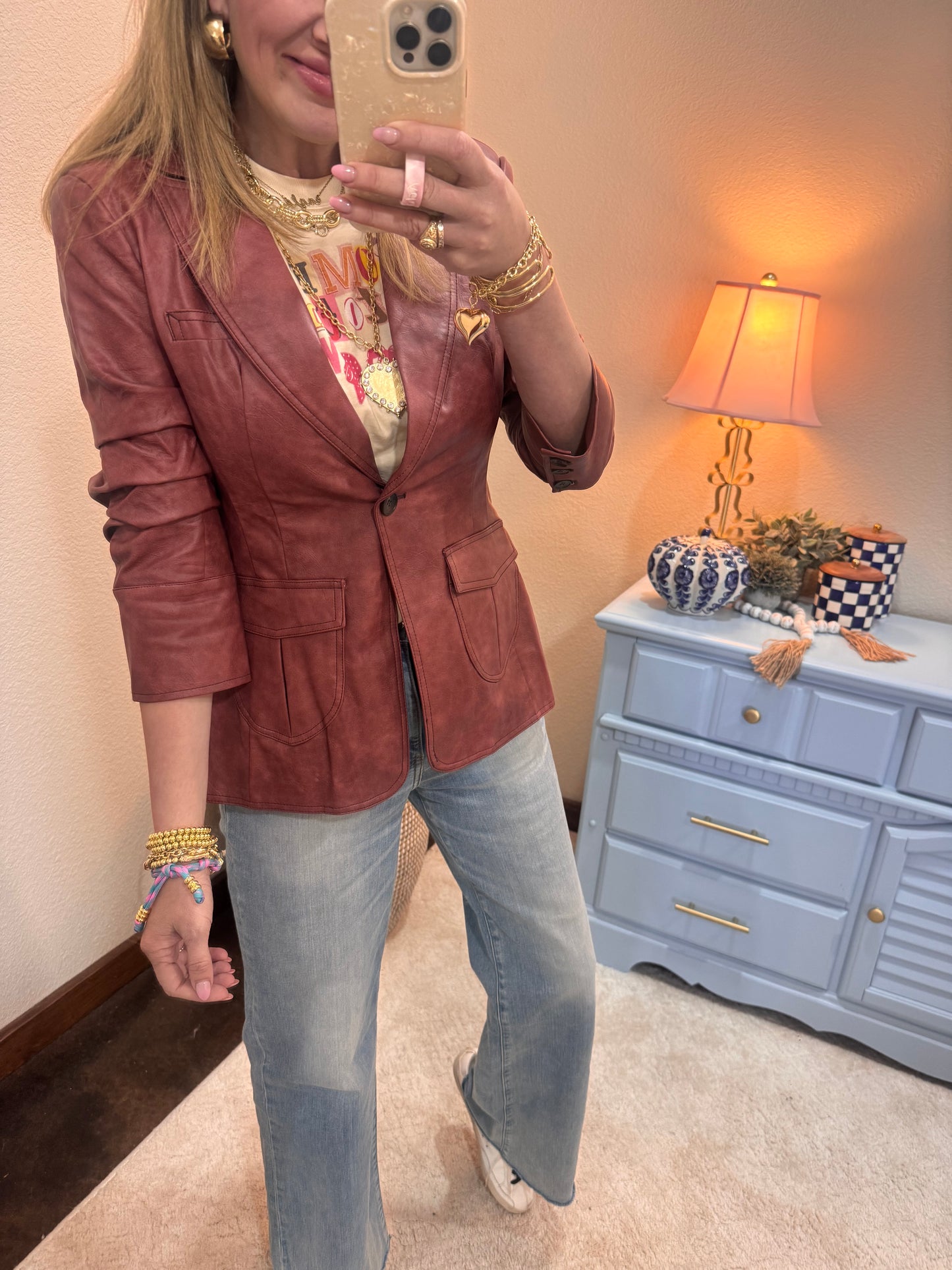 Burgundy Pocket Detail Scrunched Sleeve Faux Leather Blazer