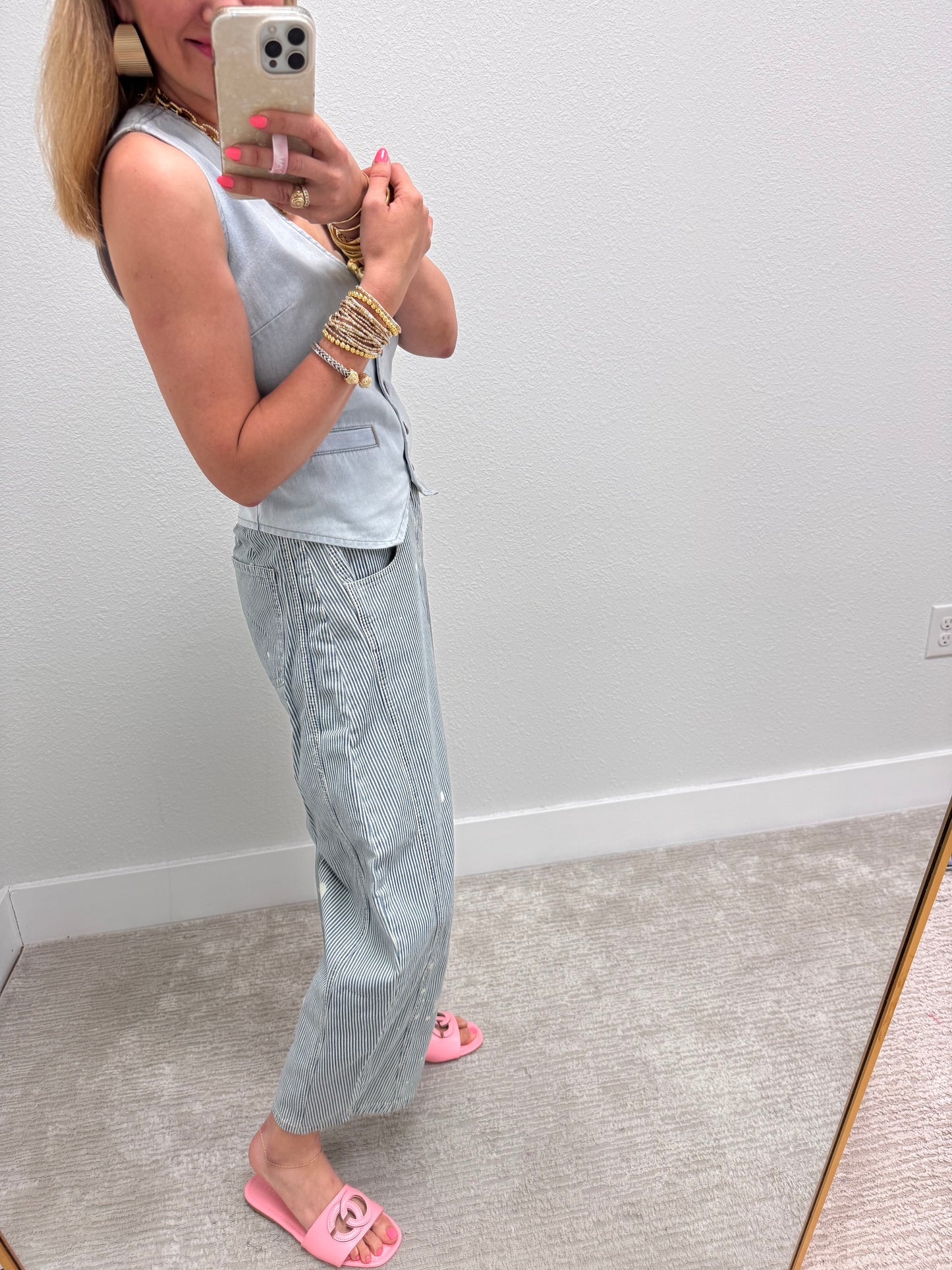 Pinstripe Mineral Wash Barrel Jeans