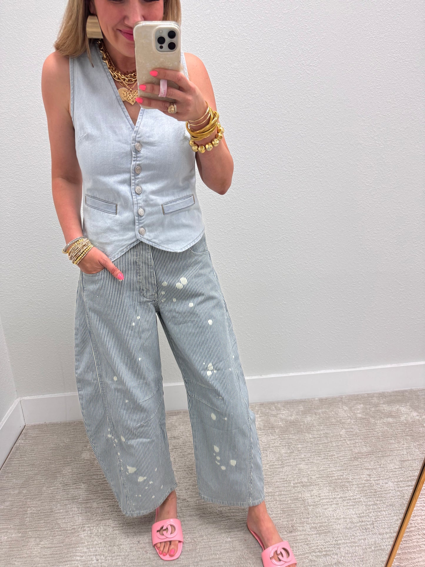 Pinstripe Mineral Wash Barrel Jeans