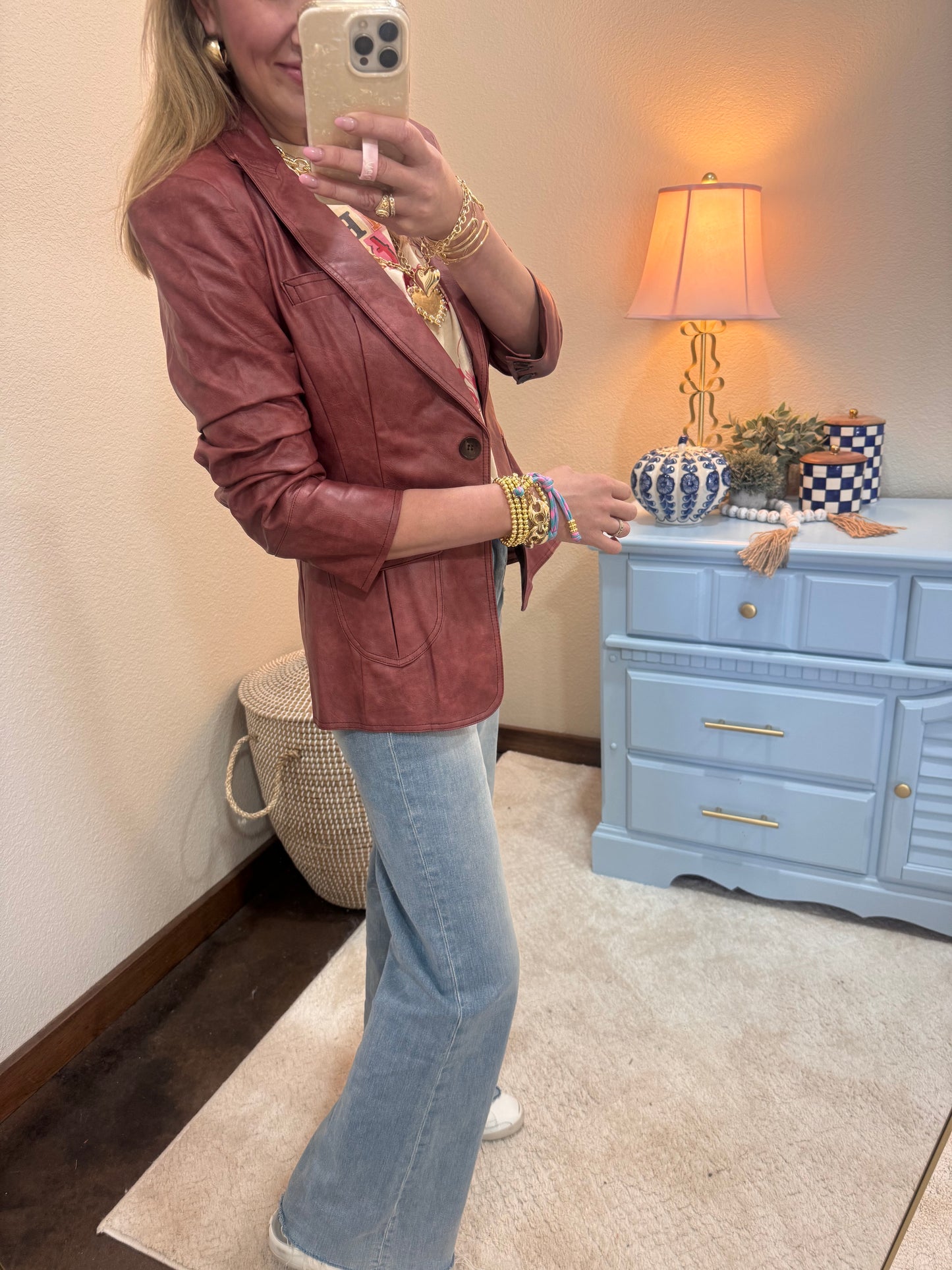Burgundy Pocket Detail Scrunched Sleeve Faux Leather Blazer