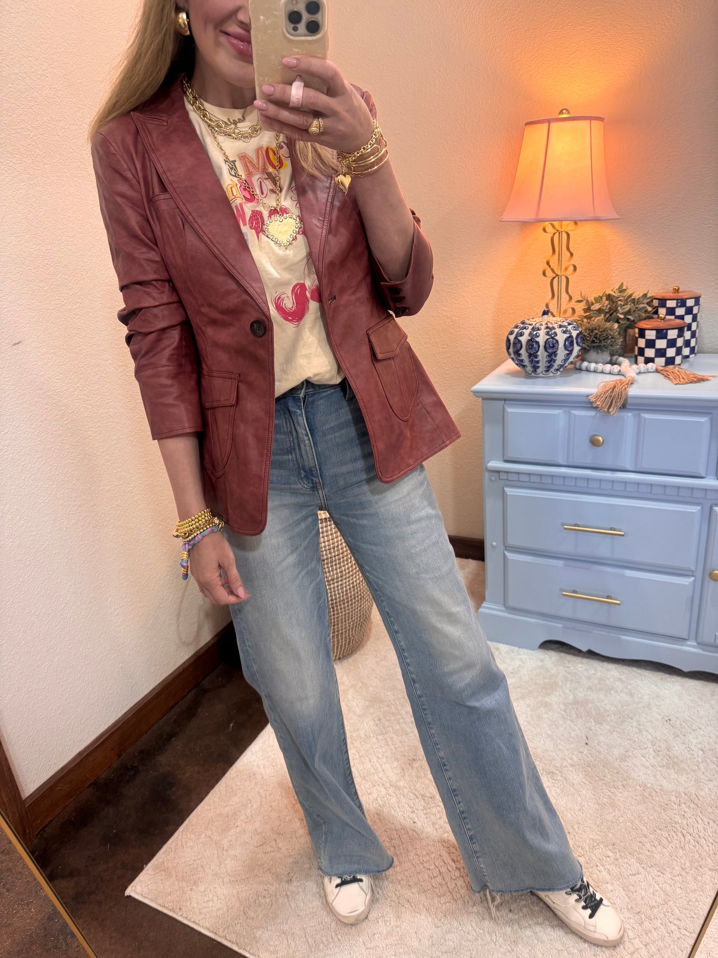 Burgundy Pocket Detail Scrunched Sleeve Faux Leather Blazer