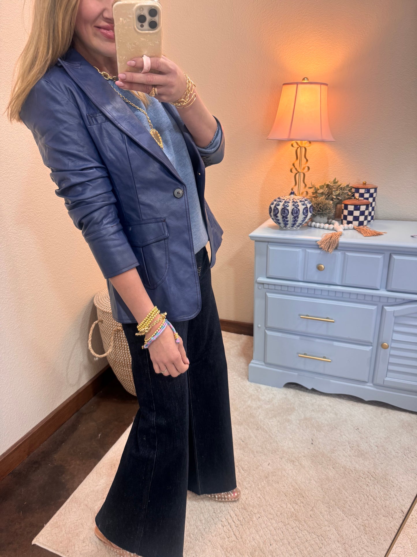 Navy Pocket Detail Scrunched Sleeve Faux Leather Blazer