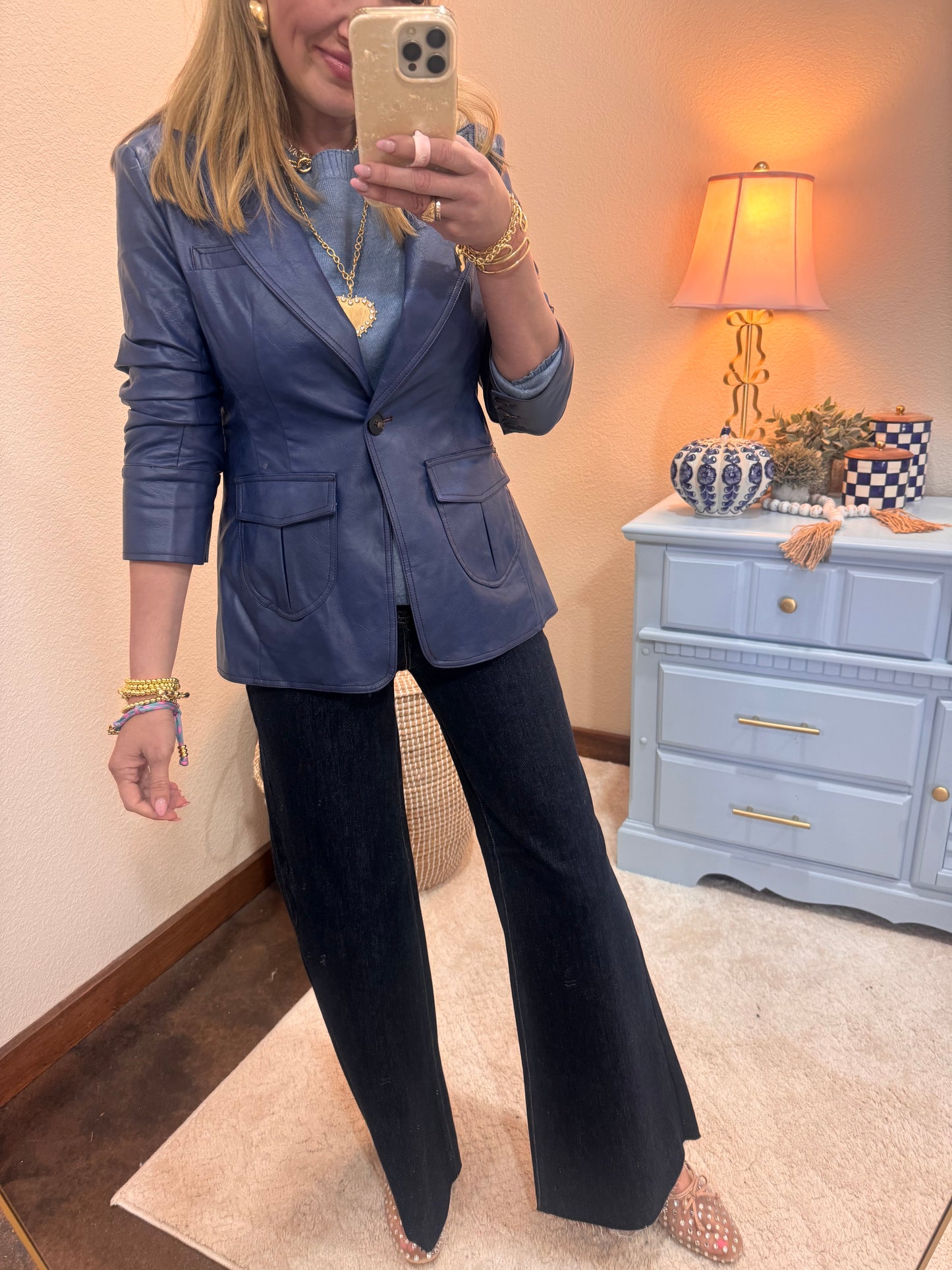 Navy Pocket Detail Scrunched Sleeve Faux Leather Blazer