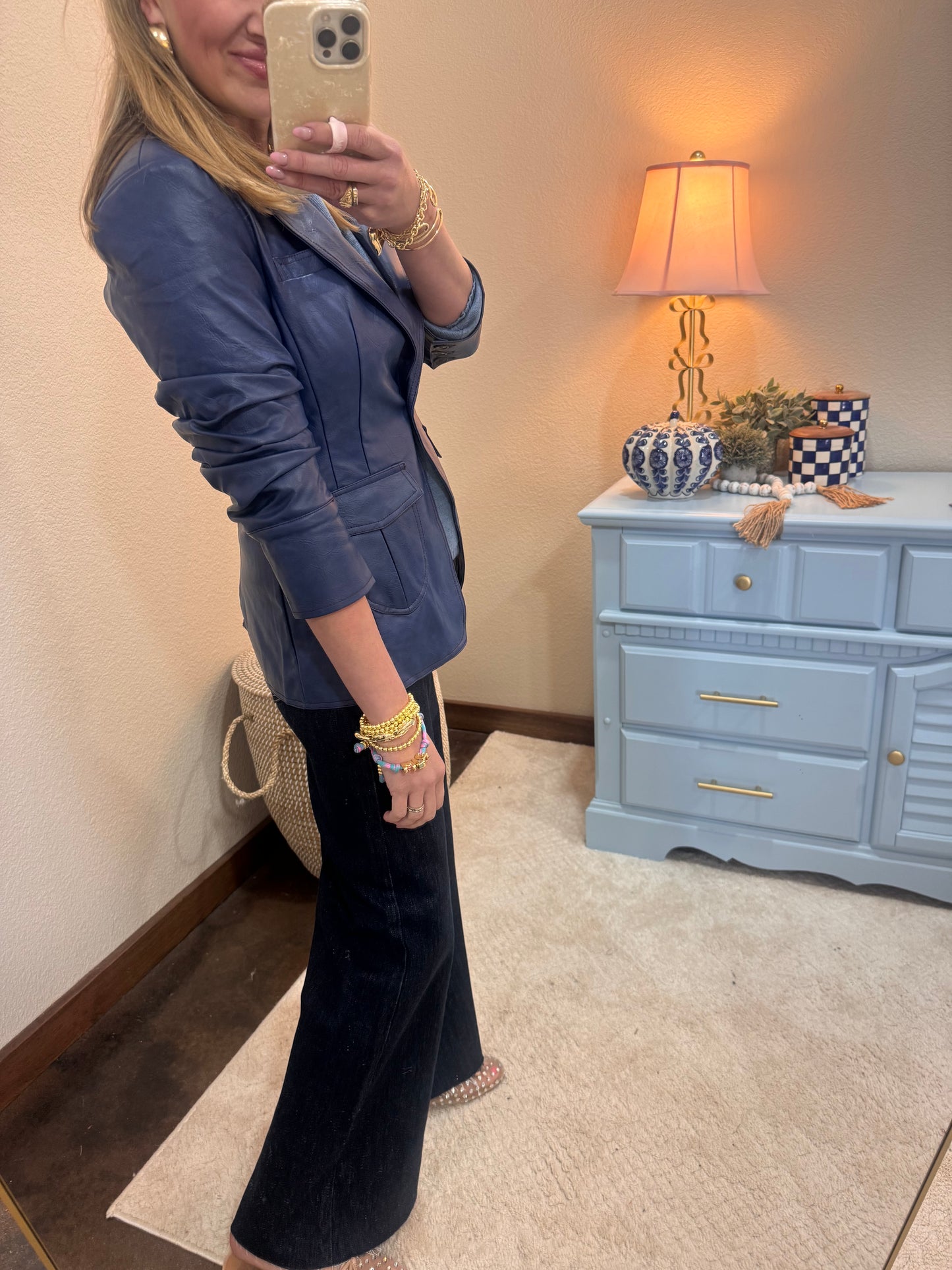 Navy Pocket Detail Scrunched Sleeve Faux Leather Blazer