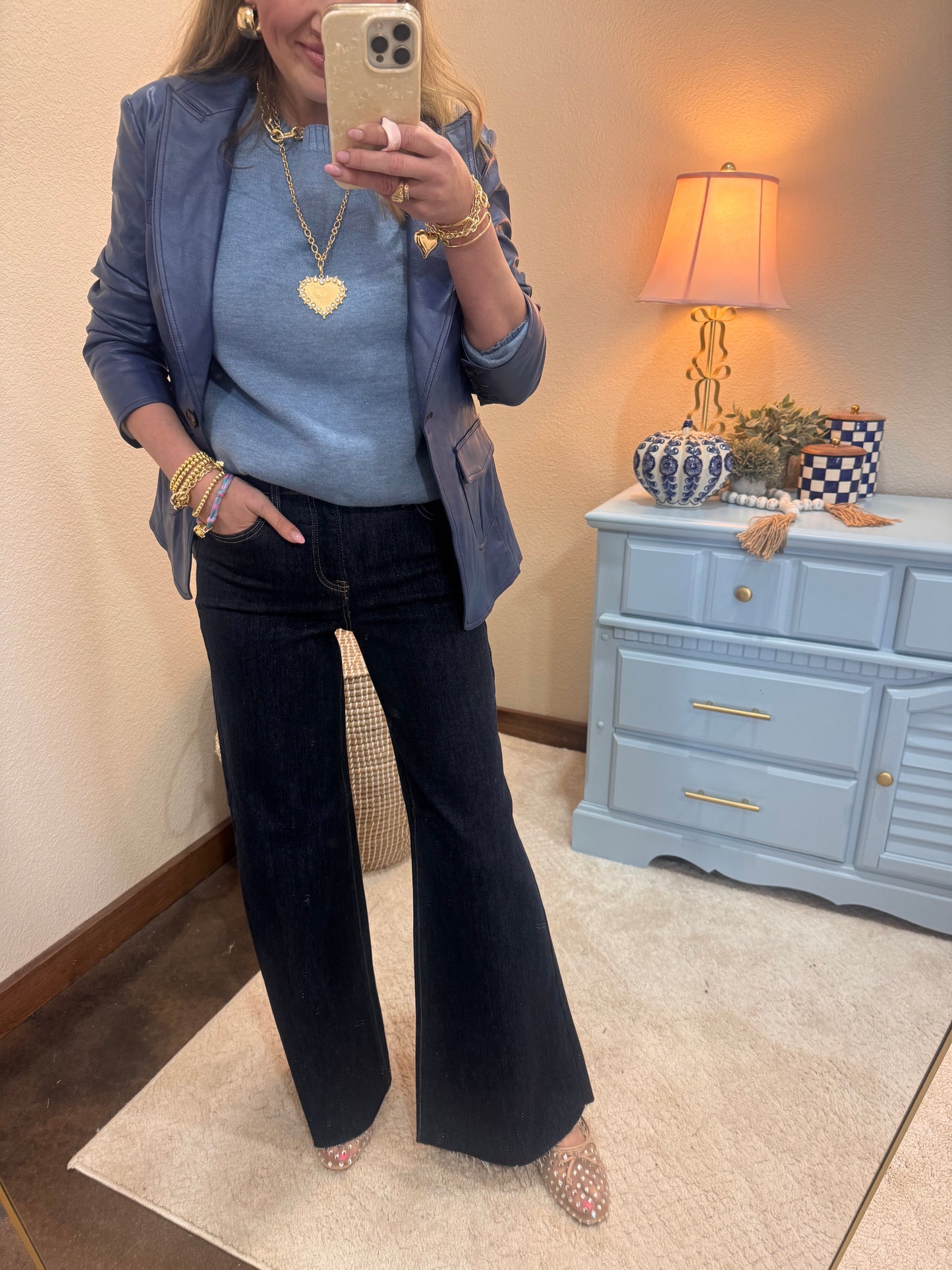 Navy Pocket Detail Scrunched Sleeve Faux Leather Blazer