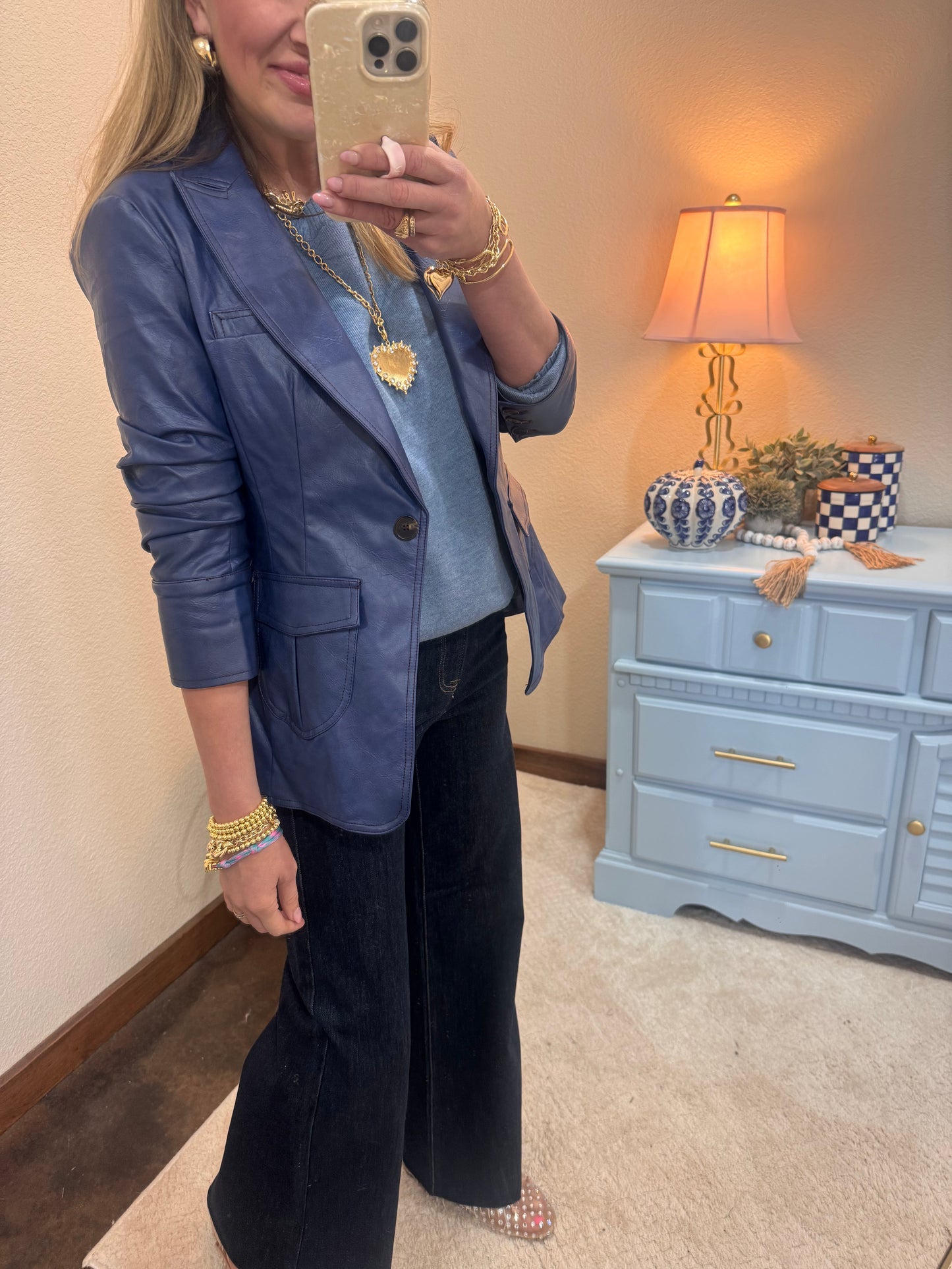 Navy Pocket Detail Scrunched Sleeve Faux Leather Blazer