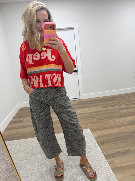Mocha Zebra Print Barrel Jeans