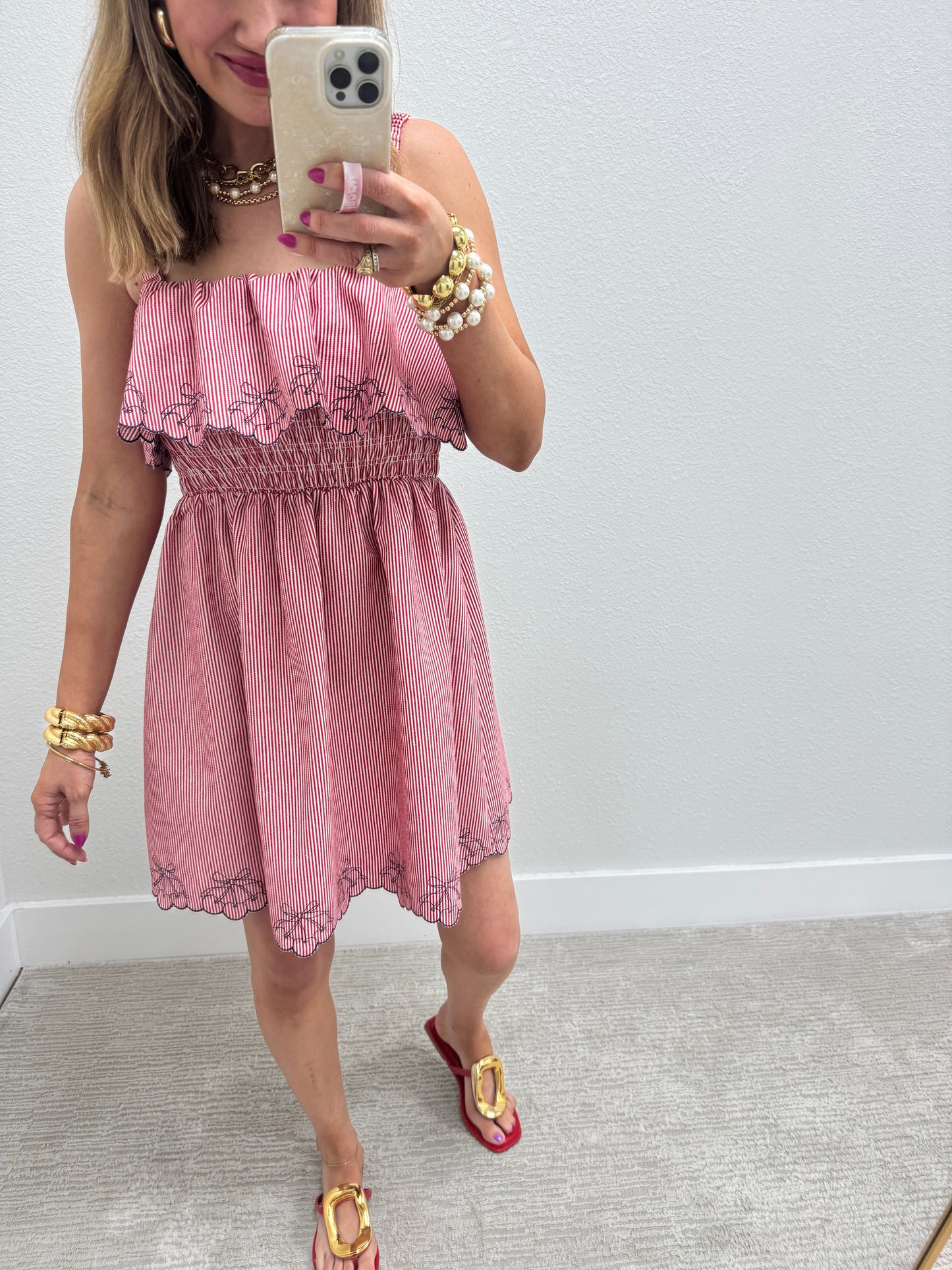 Red Cherry Denim Ruffle Dress