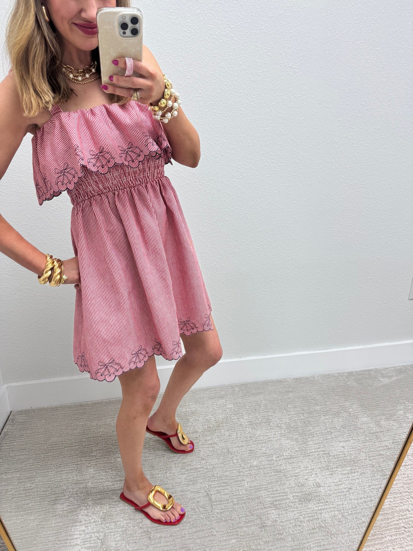 Red Cherry Denim Ruffle Dress