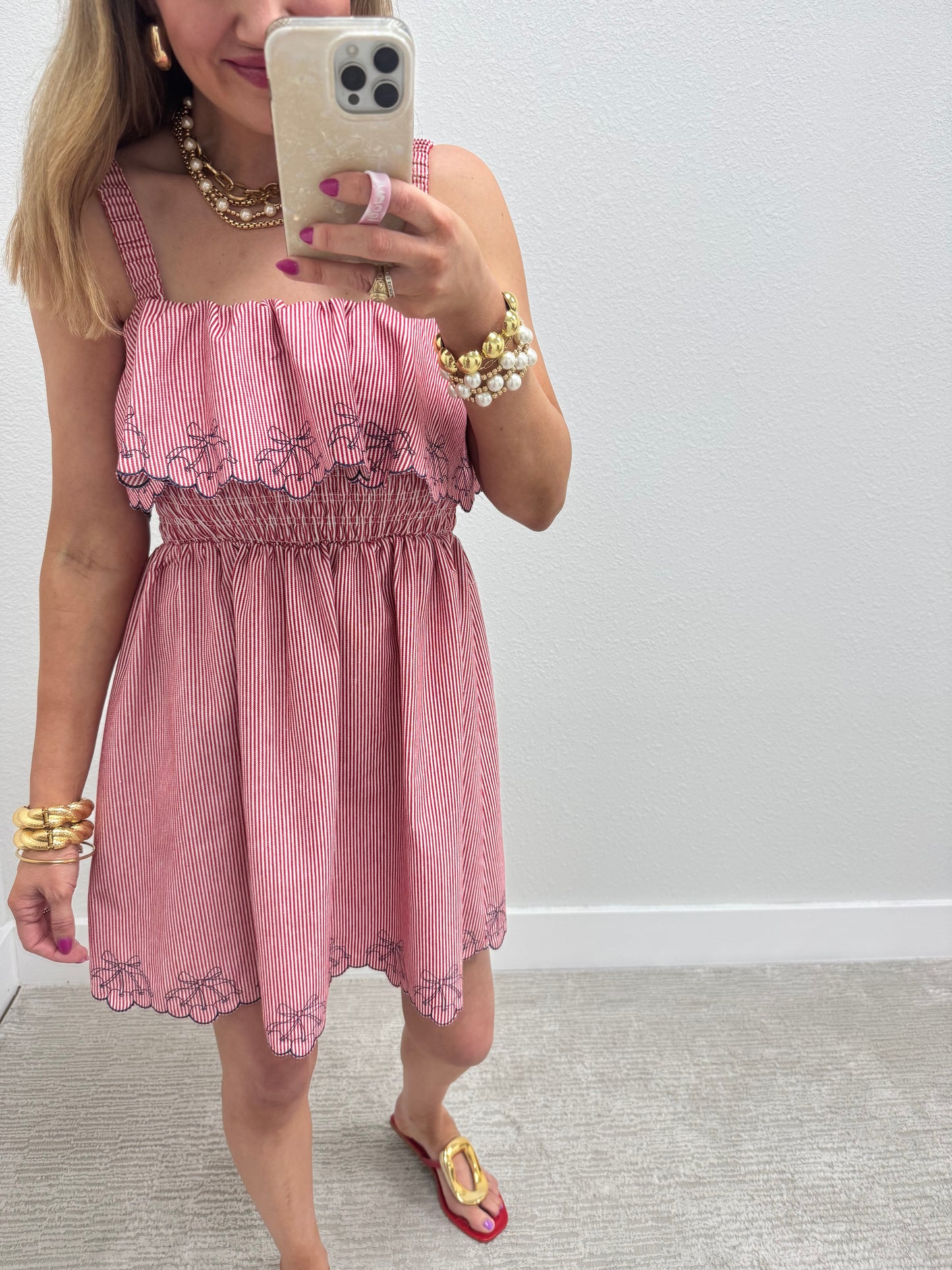 Red Cherry Denim Ruffle Dress