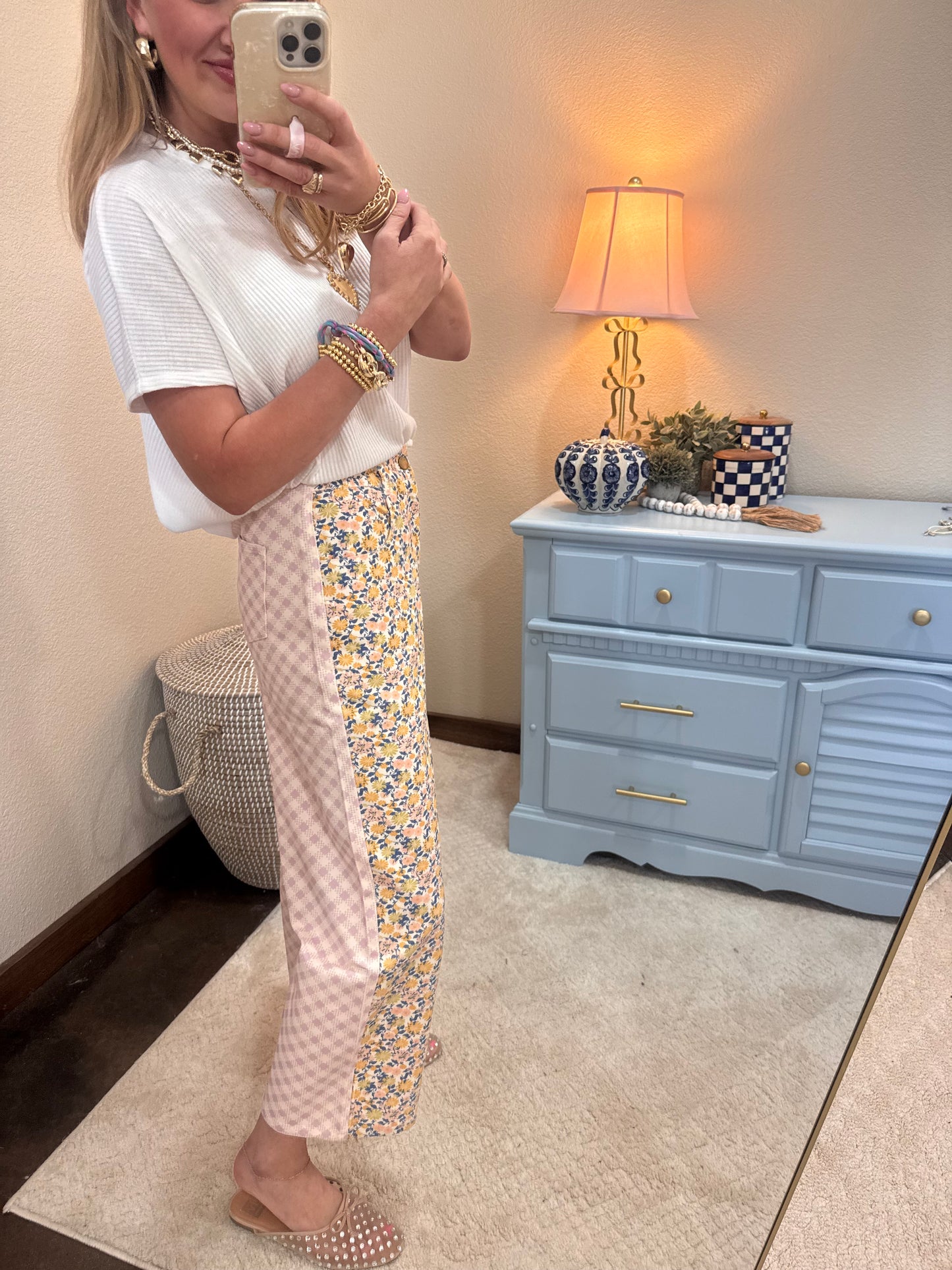 Floral and Gingham Printed Denim Jeans