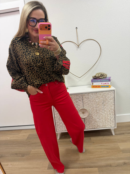 Red Animal Puff Sleeve With Stripe Accent