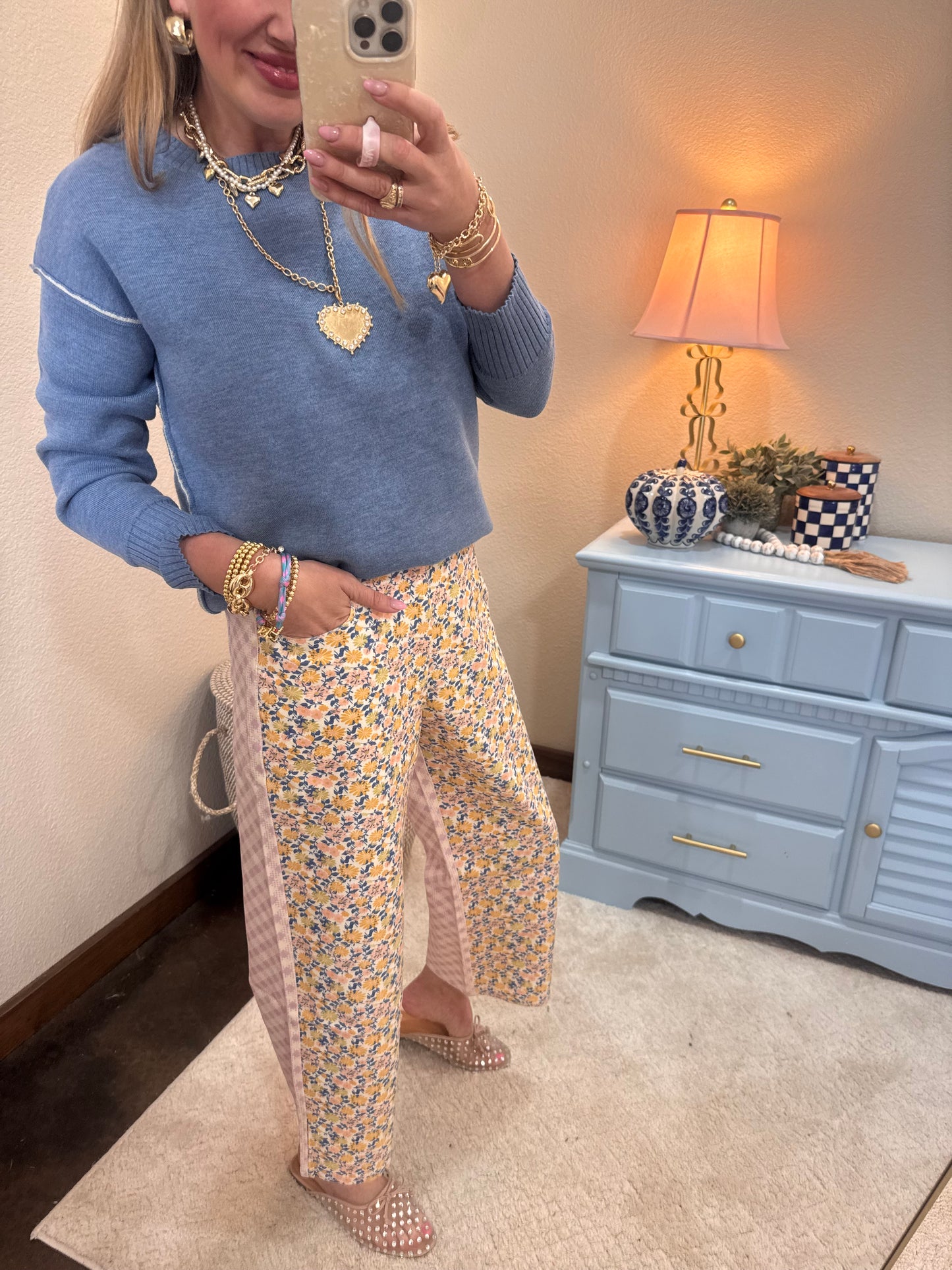 Floral and Gingham Printed Denim Jeans