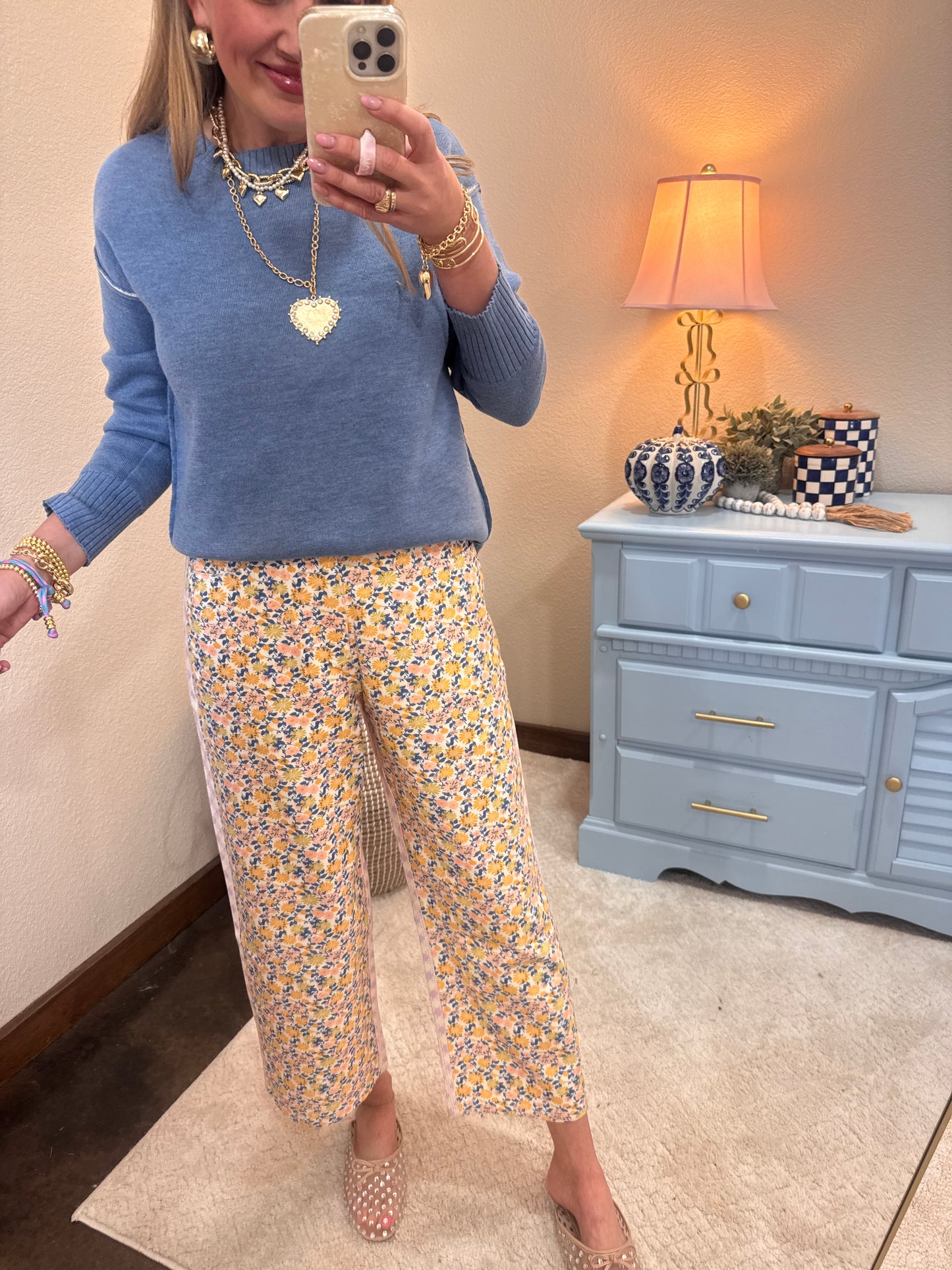 Floral and Gingham Printed Denim Jeans