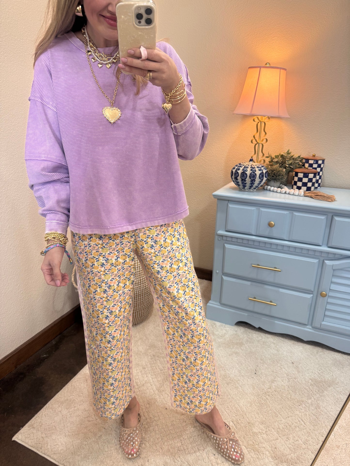 Floral and Gingham Printed Denim Jeans