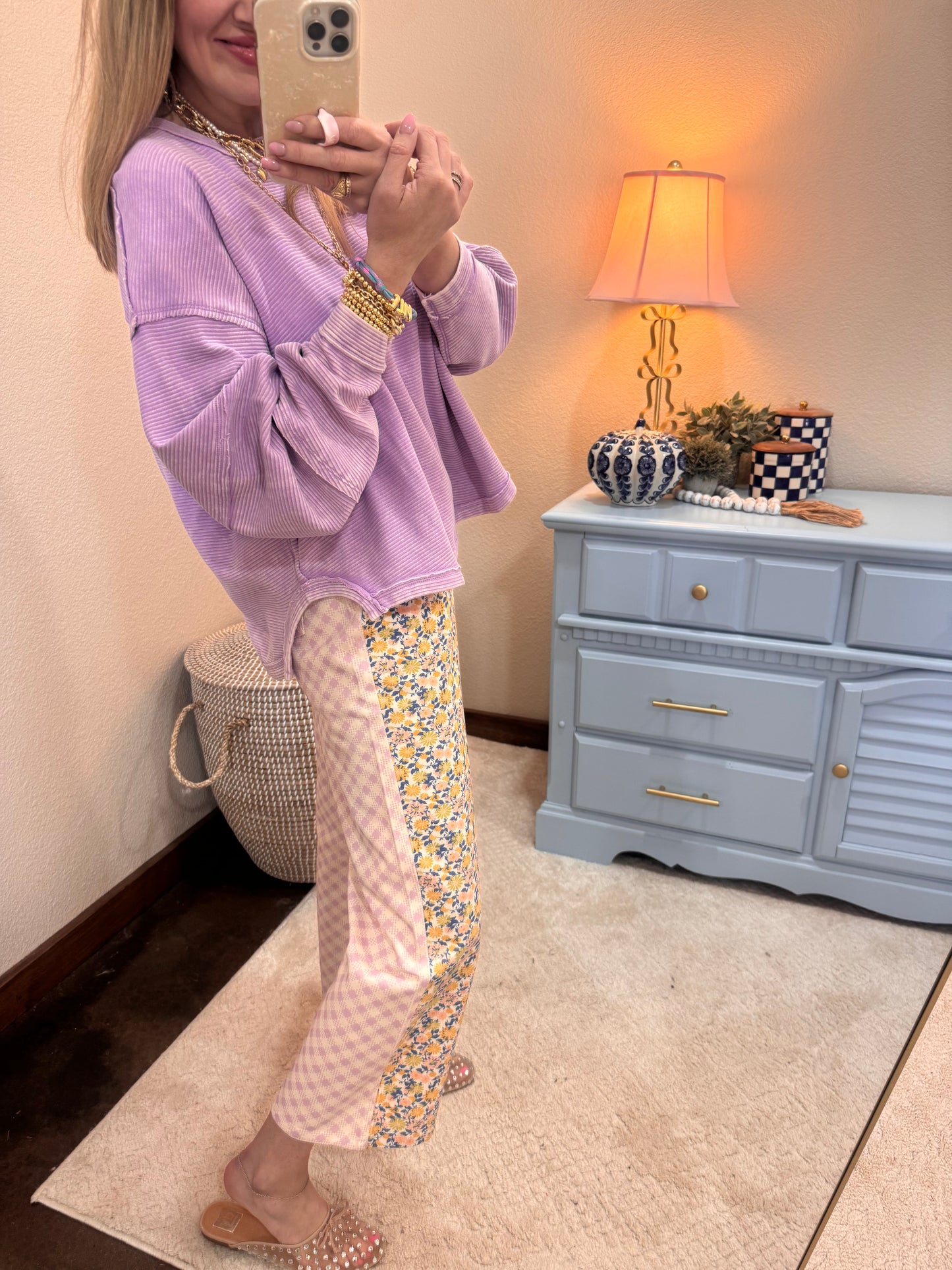 Floral and Gingham Printed Denim Jeans