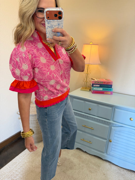 Pink Color Block Ruffle Detailed Eyelet Top