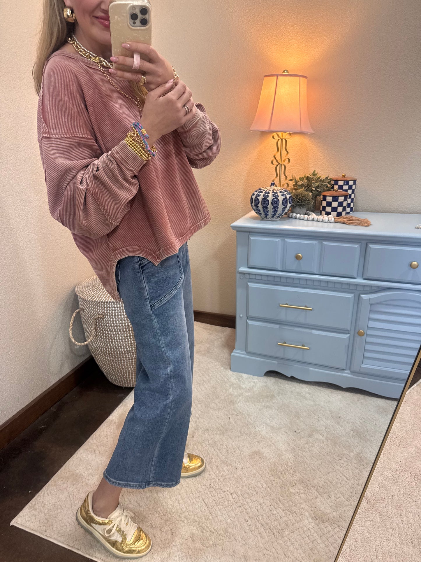 Winter Rose Acid Washed Double Ribbed Exposed-Seam Pullover