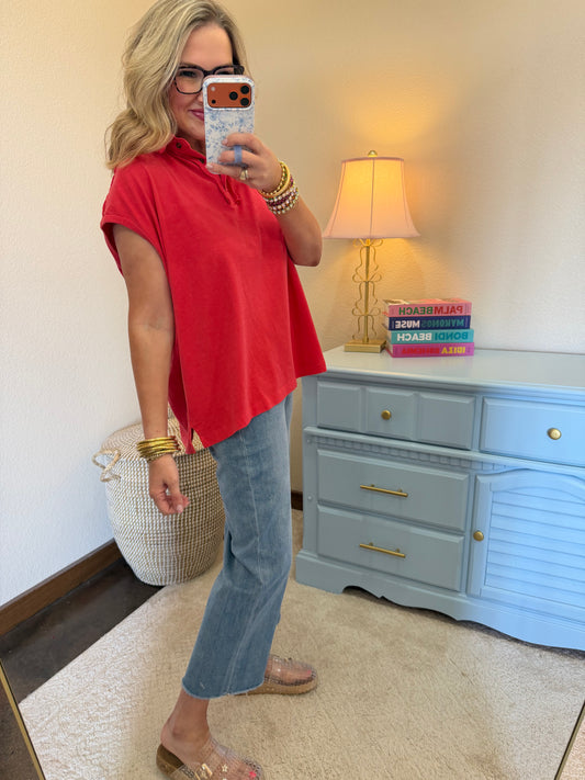 Red Pigment Dye Sleeveless Polo Oversized Top