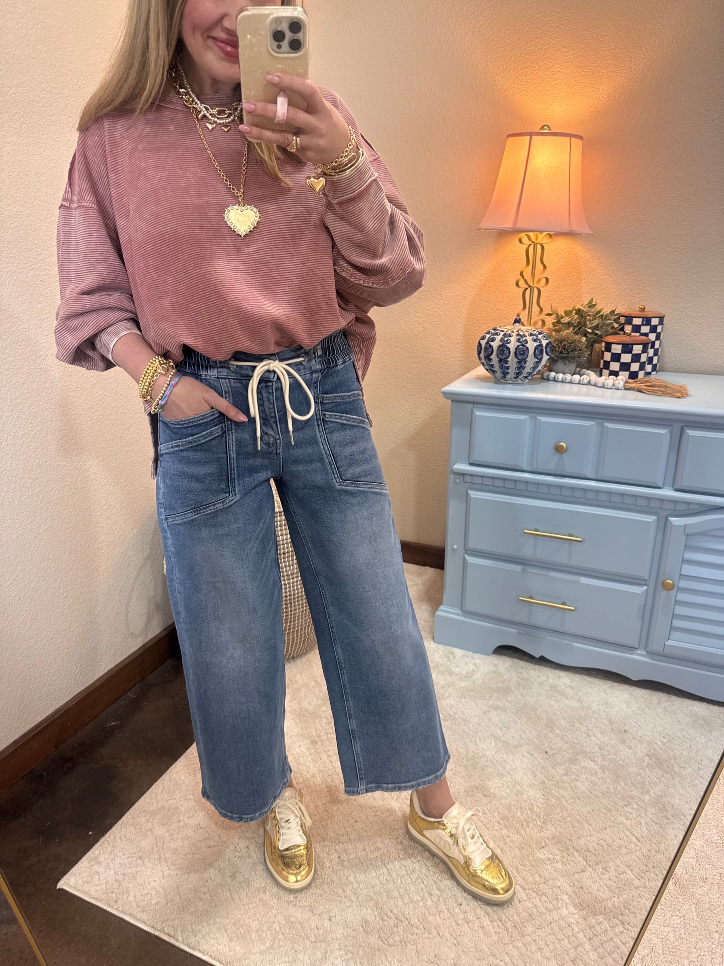 Winter Rose Acid Washed Double Ribbed Exposed-Seam Pullover