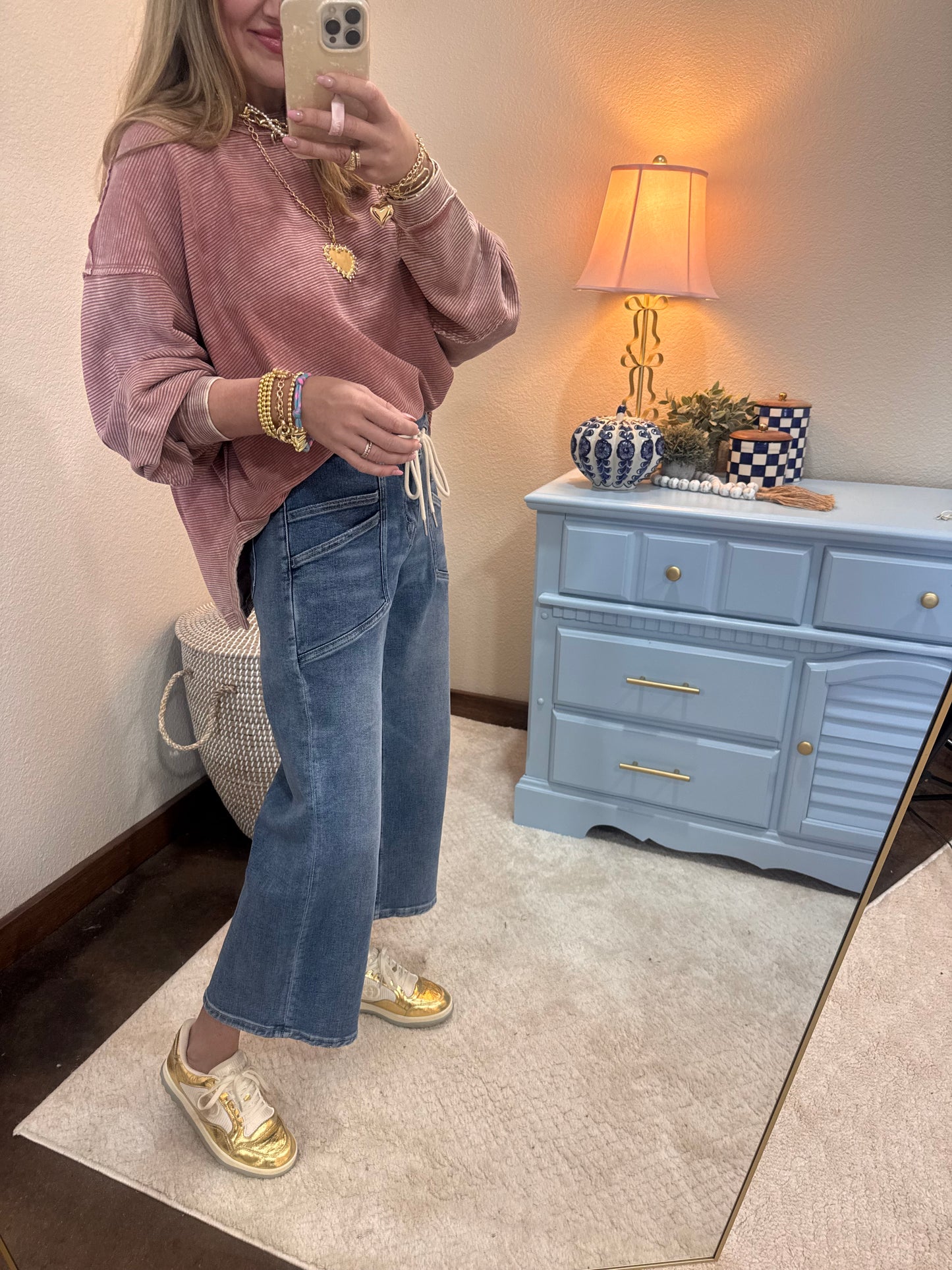 Winter Rose Acid Washed Double Ribbed Exposed-Seam Pullover