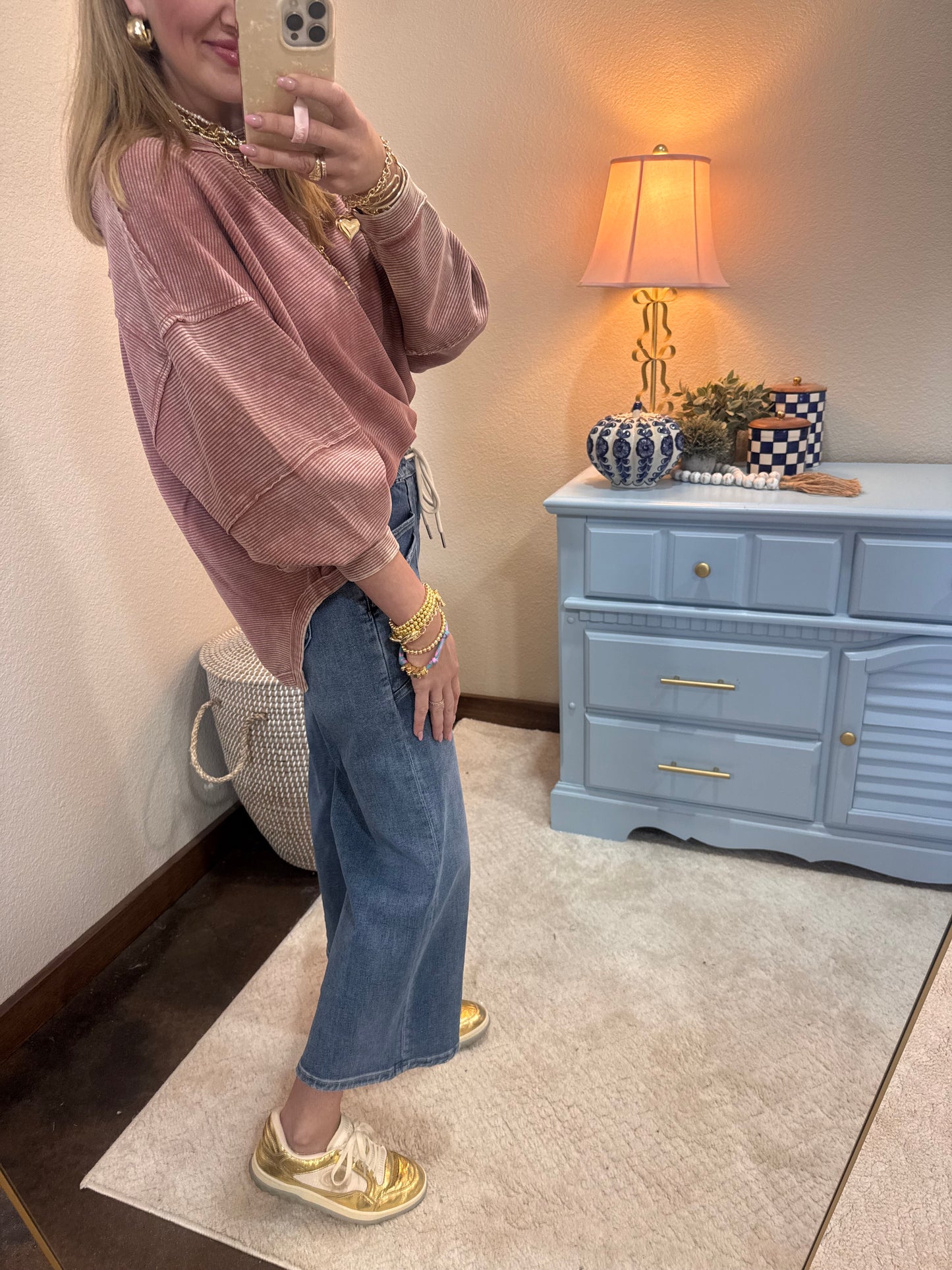 Winter Rose Acid Washed Double Ribbed Exposed-Seam Pullover