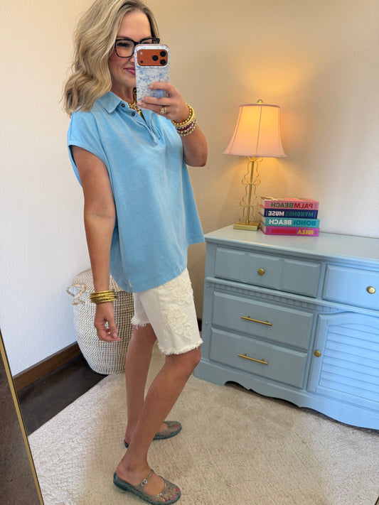 Blue Pigment Dye Sleeveless Polo Oversized Top