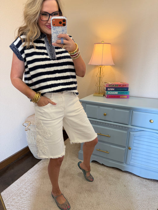 Risen Cream Slouchy Relaxed Floral Bermuda Shorts