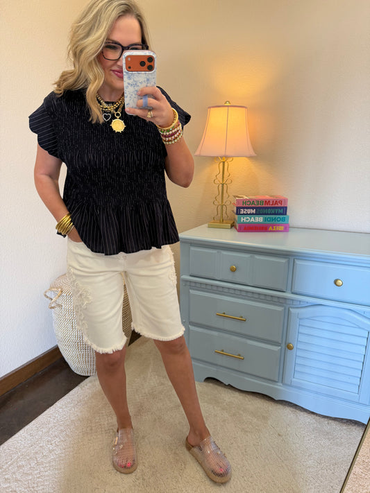 Navy Scalloped Sleeve Smocked Top