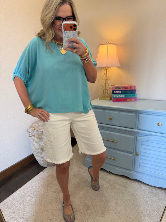 Dusty Teal Elastic Arm Dolman Short Sleeve