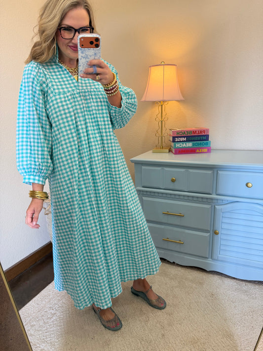 Adrienne Layla Aqua High Ruffle Collar V Neck Midi Dres