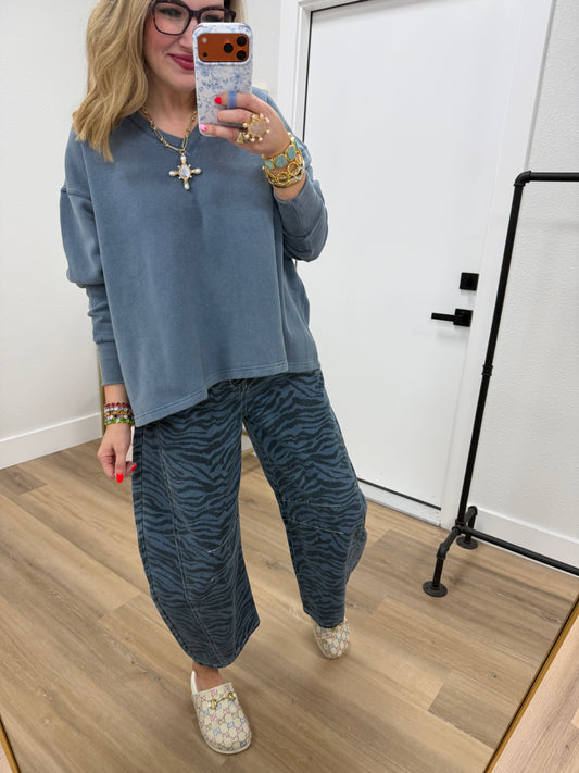 Blue Over-sized V neck Flowy Pullover Top