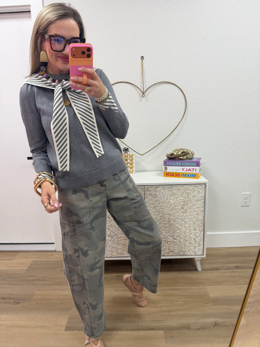Heather Grey Tie Neck Long Sleeve Sweater
