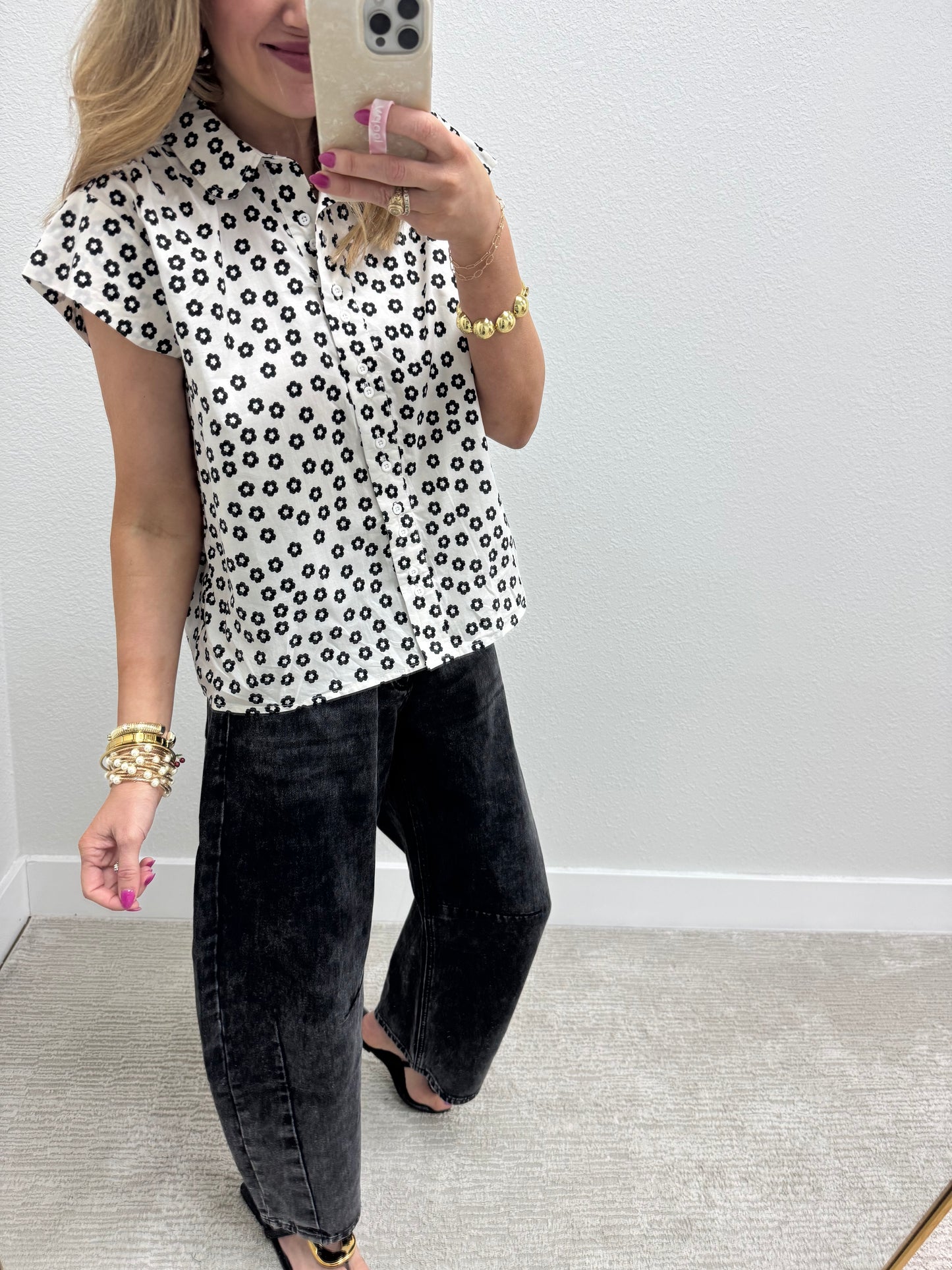 Off White and Black Flower Button Top