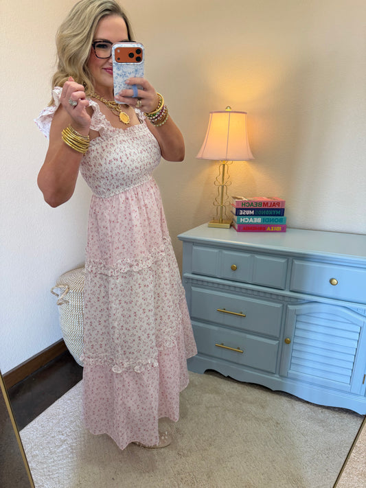 Light Pink Flower Print Smocking Top With Ruffle Sleeve Dress