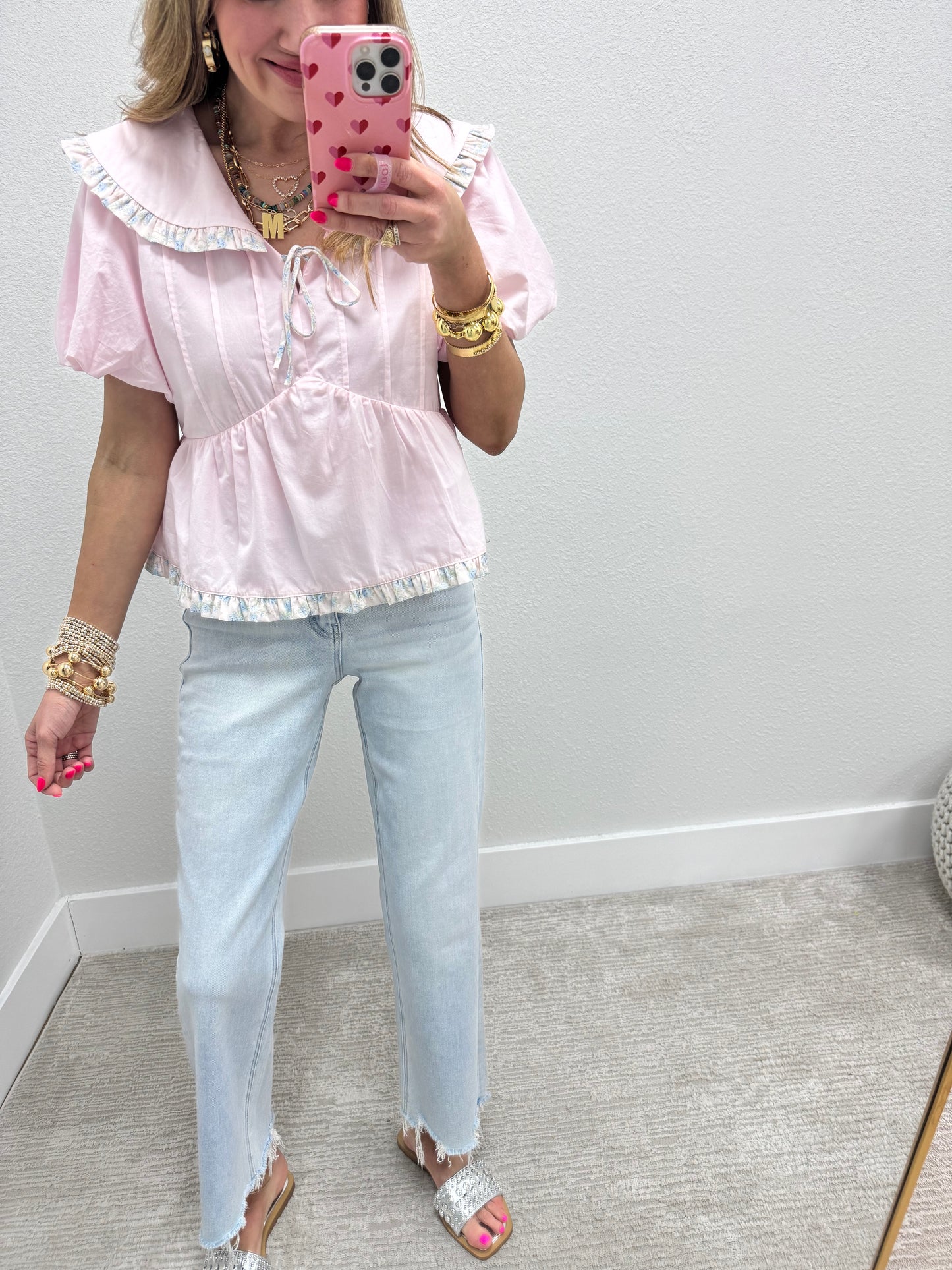 Pink Multi Floral Tie Collared Neck Top