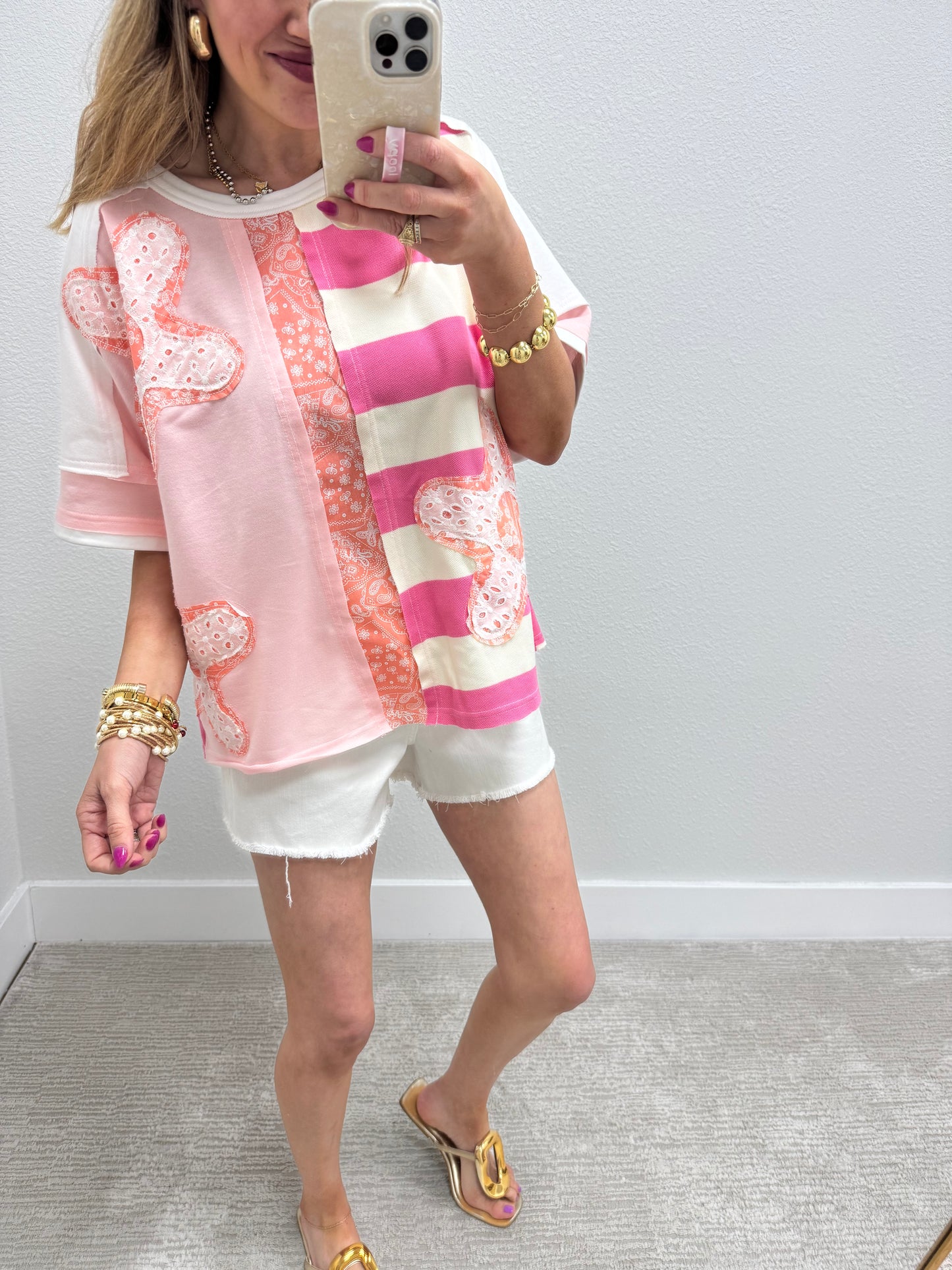 Pink and Off White Flower Patch Detailed Top