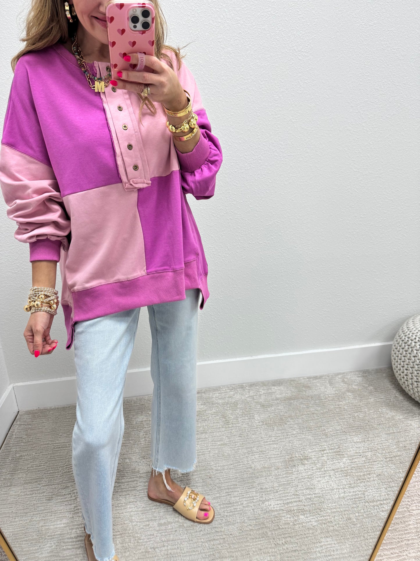 Dusty Pink & Magenta Oversized Color Block Pullover Top