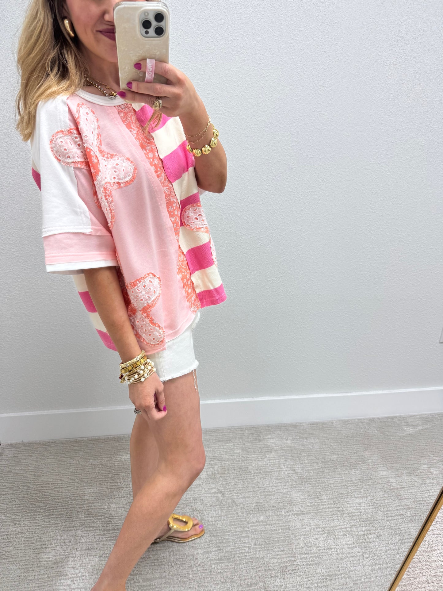 Pink and Off White Flower Patch Detailed Top