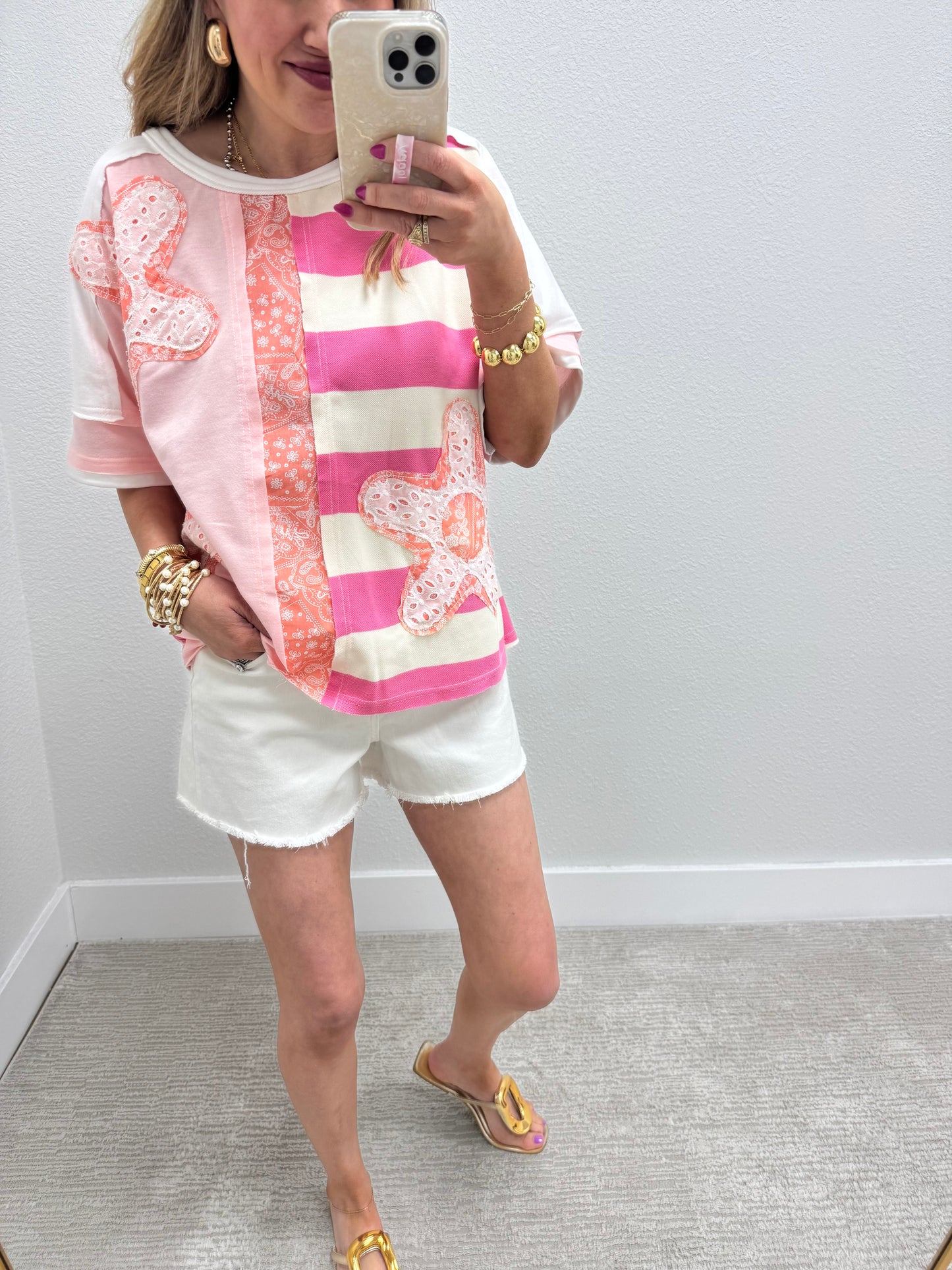 Pink and Off White Flower Patch Detailed Top