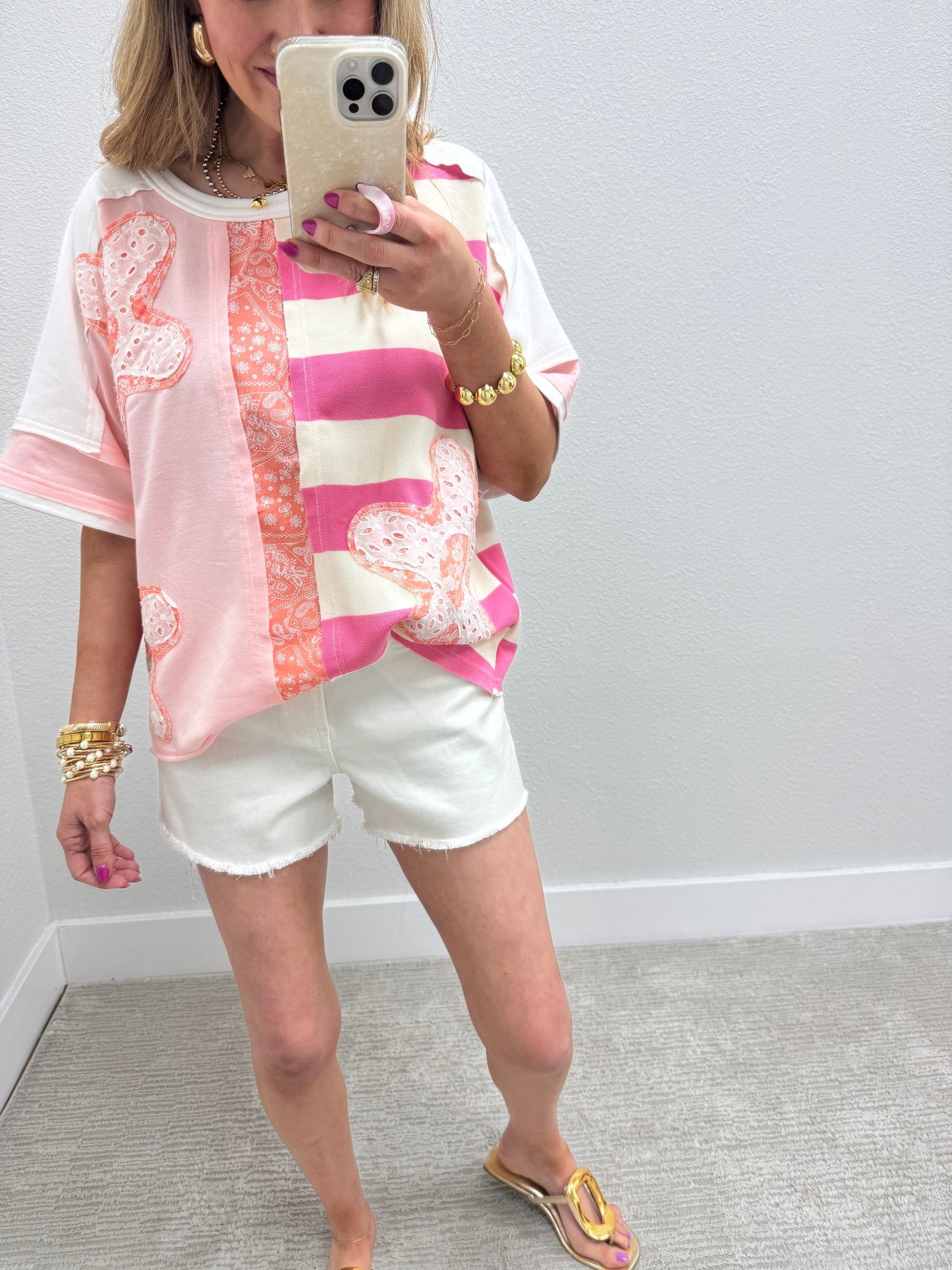 Pink and Off White Flower Patch Detailed Top