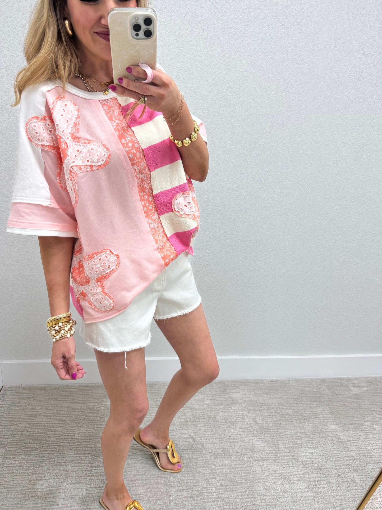 Pink and Off White Flower Patch Detailed Top