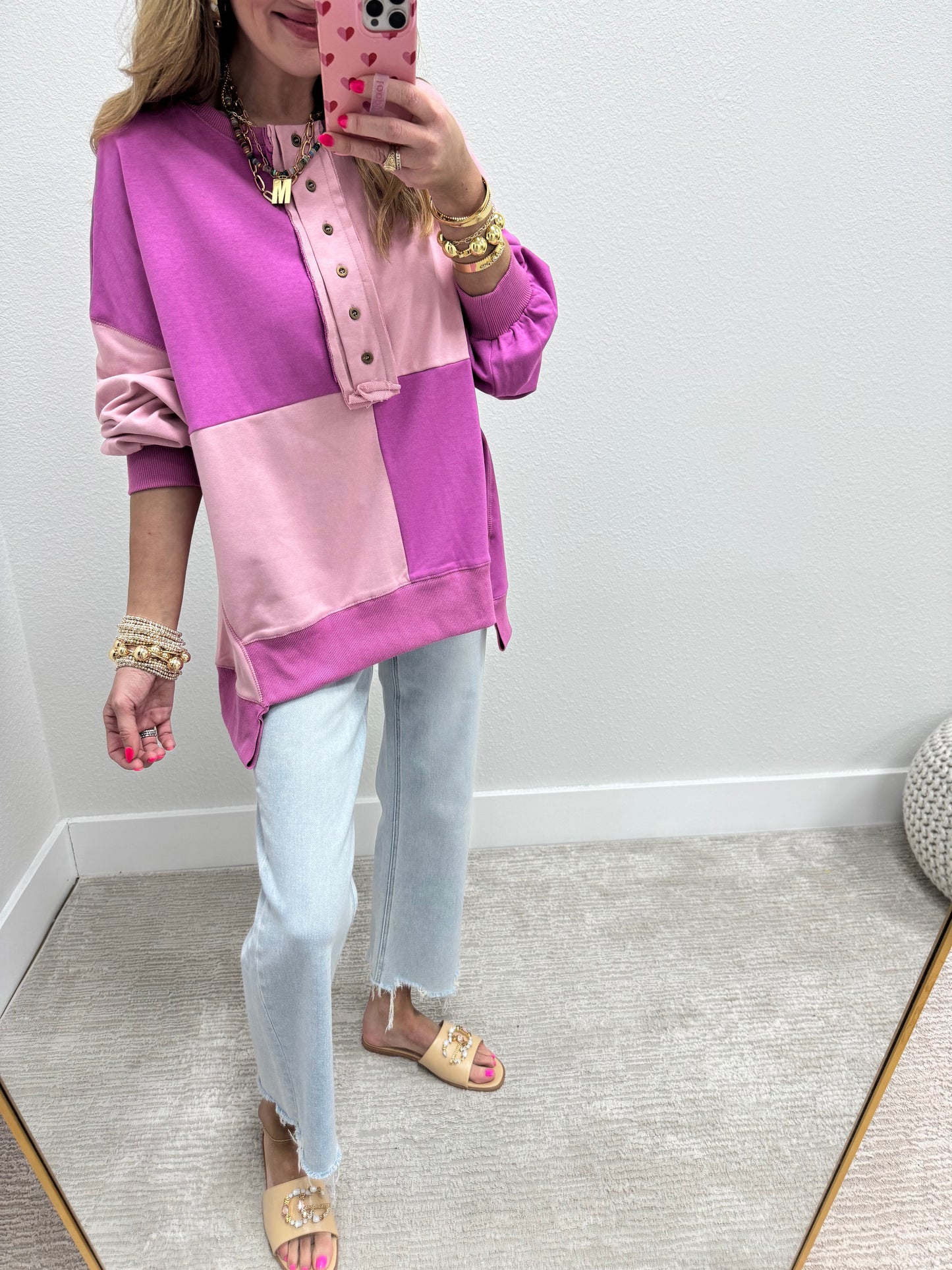 Dusty Pink & Magenta Oversized Color Block Pullover Top