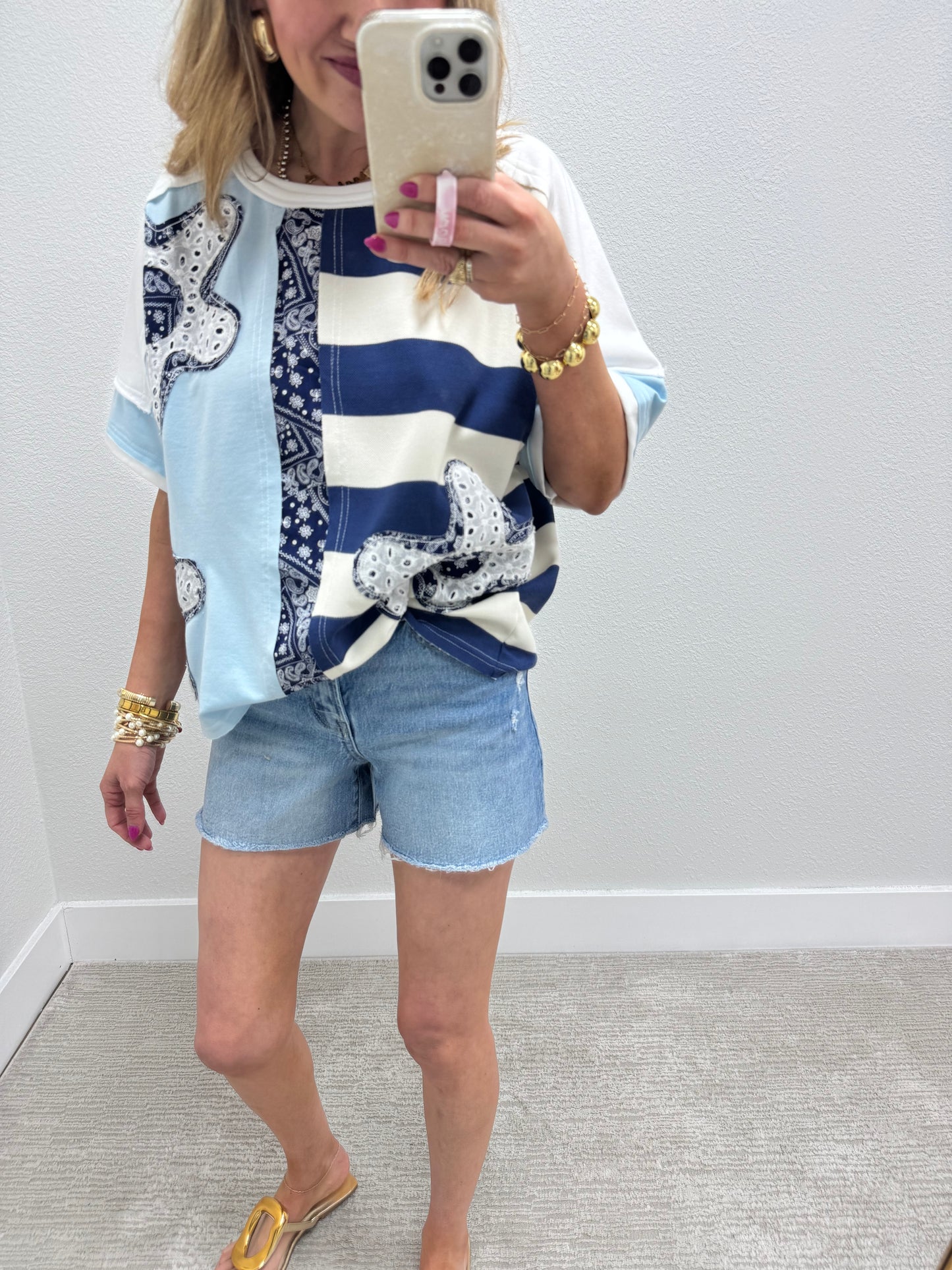 Light Blue and Navy Flower Patch Detailed Top