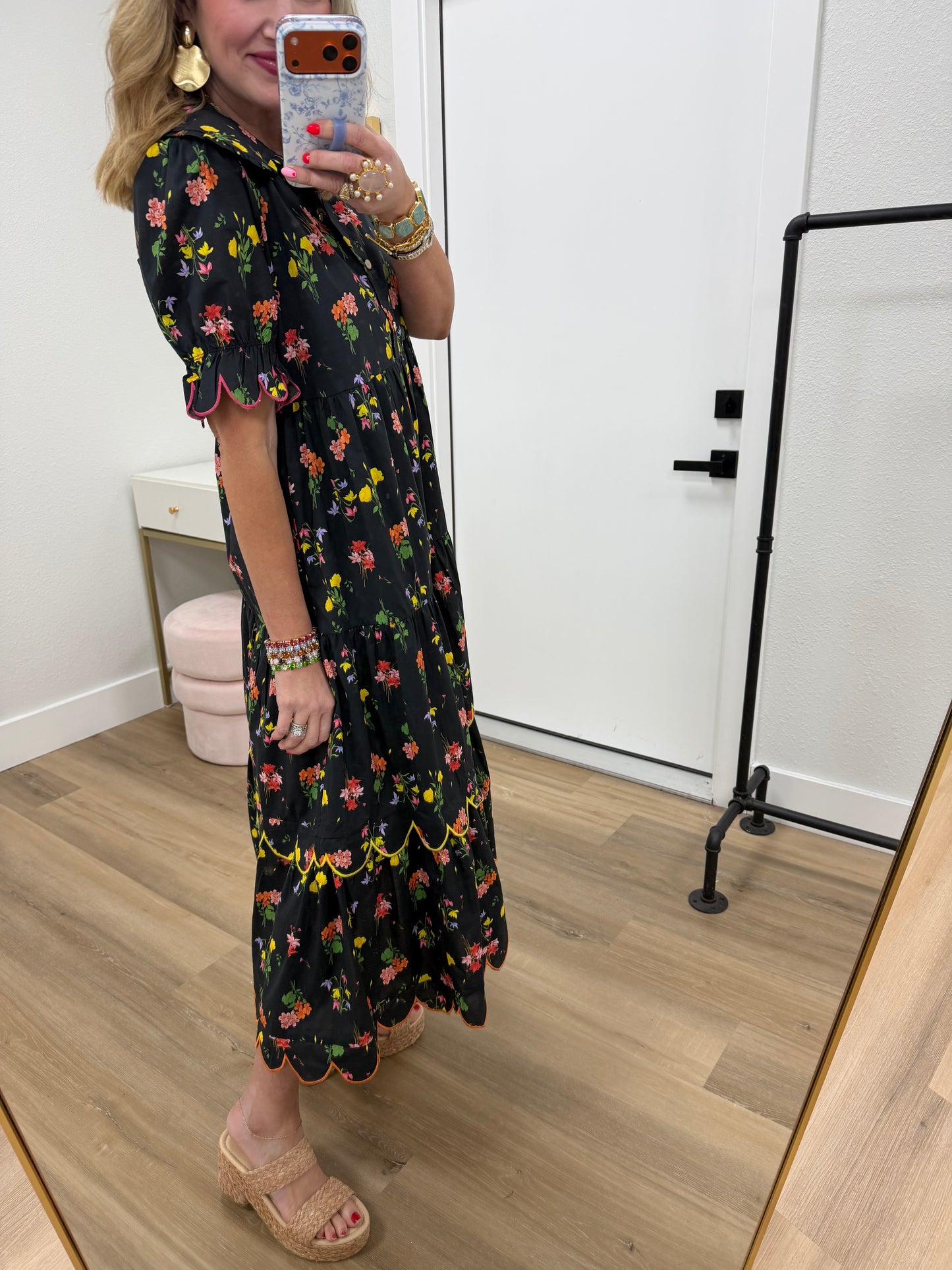 Black Floral Ruffle Collar Decorative Button Down Dress